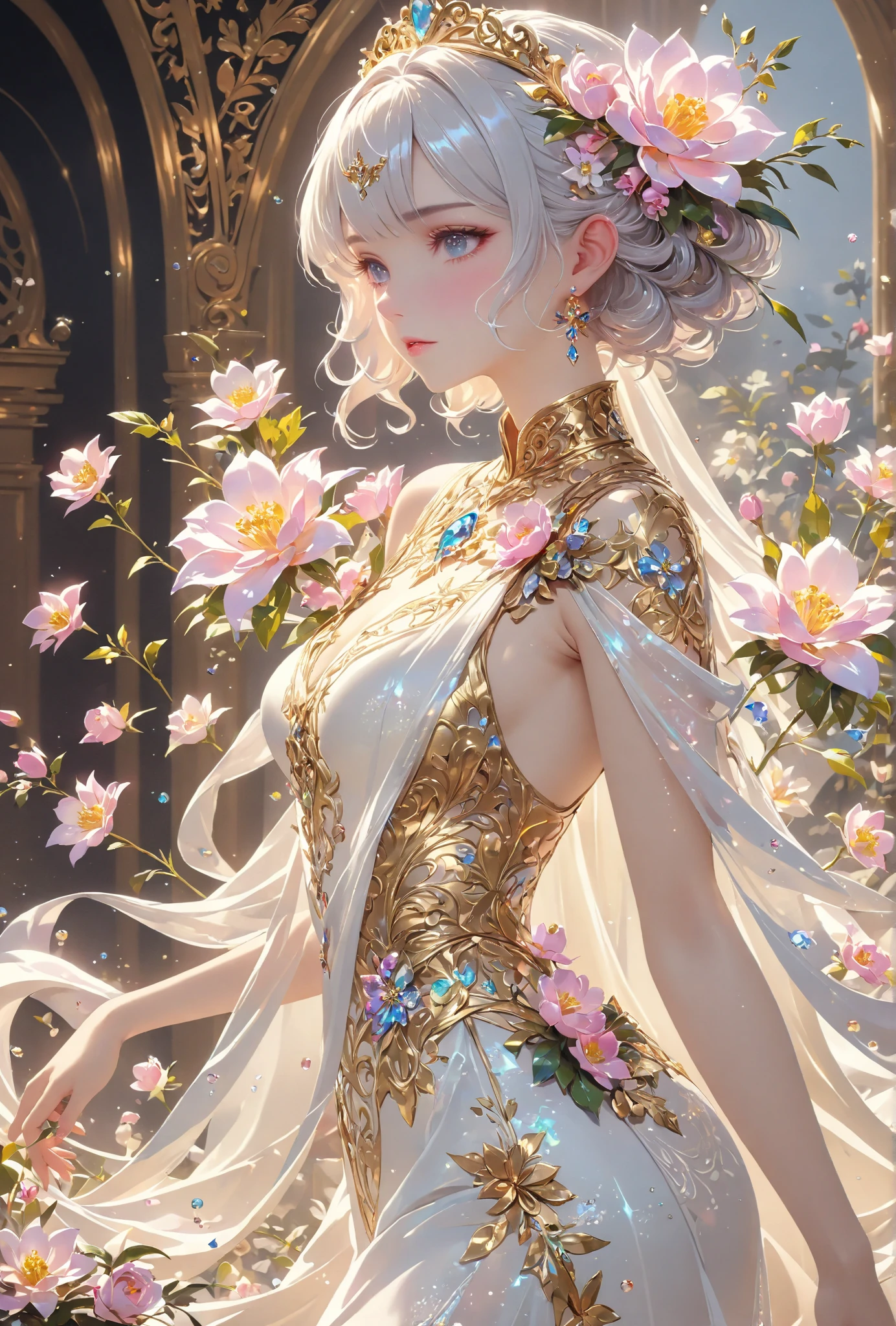((Highest quality)),(Ultra-high resolution),(Super detailed),(Detailed Description),((The best CG)),(masterpiece),Highly detailed art,(Art with precise detail:1.5), (woman:1.7),Pompidou々,Luxury,Luxurious and gorgeous,shine, Random reflection