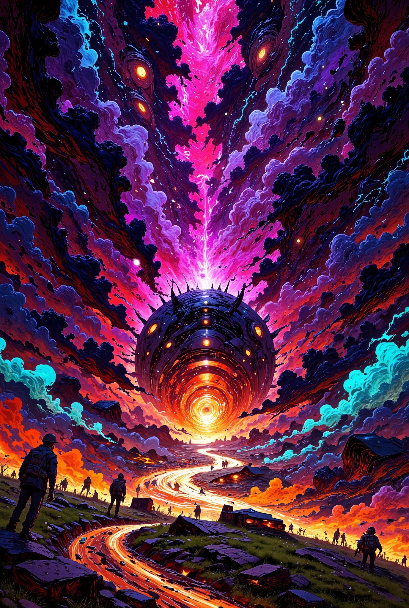 psychedelic warfare, highly detailed, cinematic, dramatic, striking, digital art, surreal, hallucinatory,intense,futuristic,war-torn,glowing,trippy,neon,cyberpunk,chaotic,vivid,4K,8K,high resolution,masterpiece,ultra-detailed,realistic,photorealistic,photo-realistic,HDR,UHD,studio lighting,ultra-fine painting,sharp focus,physically-based rendering,extreme detail description,professional,vivid colors,bokeh