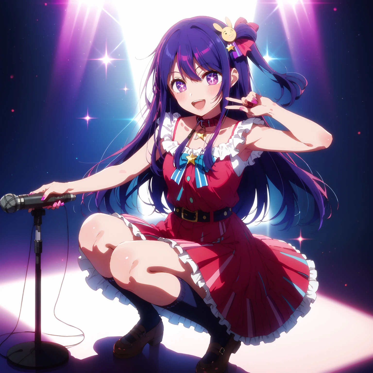 1girl, hoshino ai \(oshi no ko\), oshi no ko
, masterpiece, best quality, very aesthetic, absurdres, idol, Stage, microphone, crowd, looking at viewer