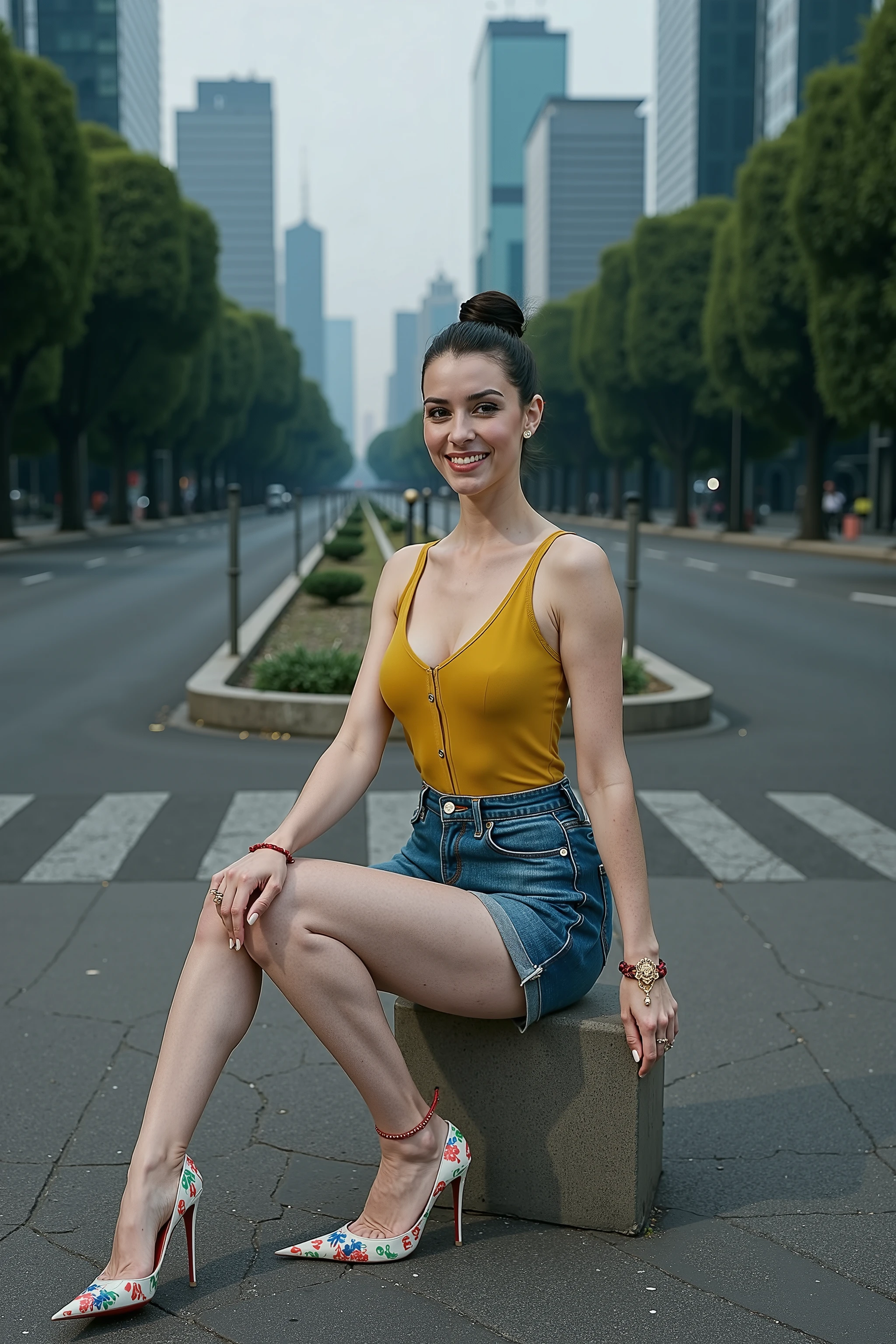 Full body shot from the distance, of a slim and elegant woman with fair skin and a soft pink undertone, sitting gracefully on the stone pavement in the center of Paseo de la Reforma in Mexico City.
She sits upright with a refined posture, legs extended slightly to one side or bent softly at the knees, and hands resting delicately on her thighs or one beside her for support. Her expression is serene, confident, with a subtle smile.
She wears a mustard yellow fitted tank top with a deep V neckline that subtly frames her naturally full (medium-large) bust, and classic denim shorts with rolled hems. On her feet are pointed Christian Louboutin Iriza stilettos with a multicolored floral print and red soles. A red woven anklet with a small golden Buddhist knot charm adorns her right ankle.
Her long legs are slim and softly defined. Her dark hair is styled in a neat high bun, and her face is fully visible with well-defined features.
The background features symmetrical trees, decorative landscaping, and tall skyscrapers, with a few blurred pedestrians or cyclists in the distance. She is seated calmly in the middle of the avenue, conveying elegance and confidence.
Lighting is soft and cold, highlighting the smooth texture and paleness of her skin. High realism, fashion editorial aesthetic, DSLR quality, no clutter.