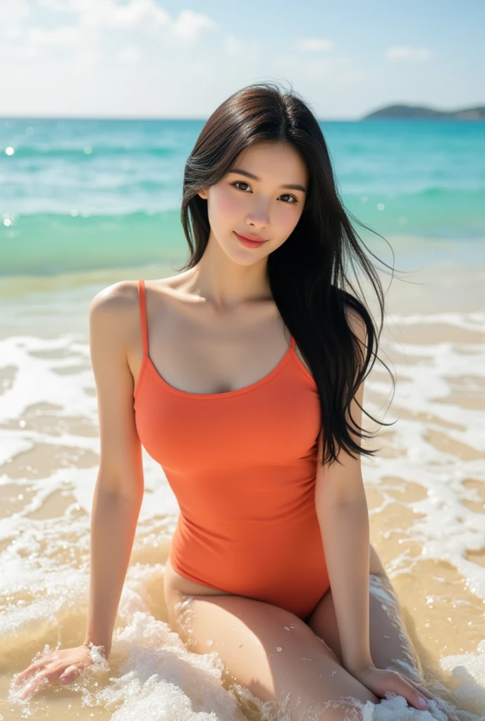 (A woman wearing an orange one-piece swimsuit with sexy cleavage: 1.2),dark brown long hair, 1 female, 25 years old,smile,Medium chest,slender body shape, tight waist,small beautiful ass , thin and long legs、earrings,gold bangles, (exquisite details: 1.2), (fine eyes), (detailed face), beautiful feet,beautiful hands,view audience,dynamic pose,The sea shining in the morning sun , tropical island, coconut tree, hibiscus