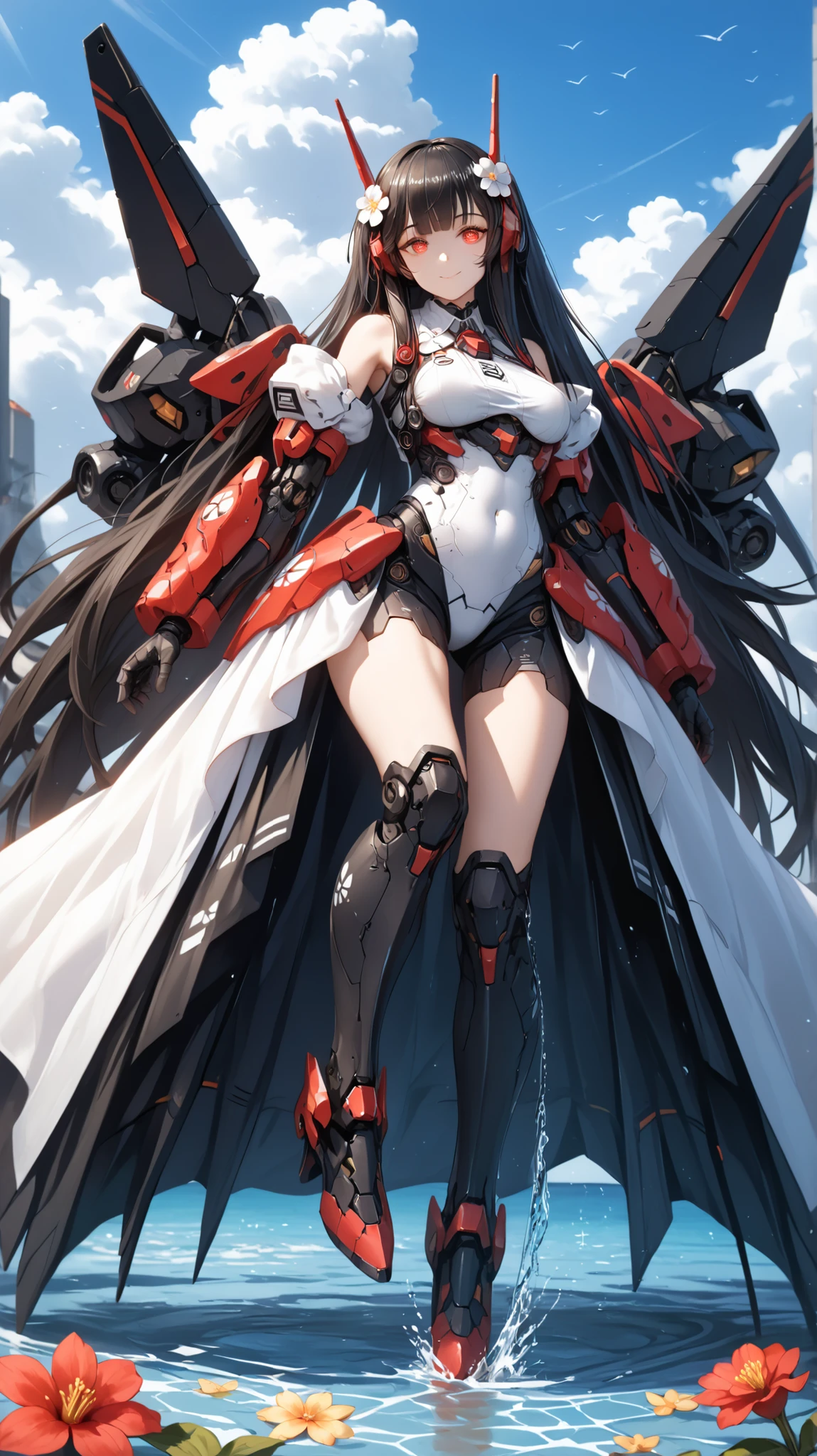 anime girl with long hair and black hair,red eyes a mecha arm on the right and a mecha leg on the left leg, weapon in Face viewer, water flower, the Yuumei, a painstaking attention ro detail,fine details. girls frontline high definition, 8k, hd, ultra realistic, highly detailed,score_9, score_8_up, score_7_up Waifu pose,high definition eyes,high gradient eyes,detailed eyes,eyesHD,4k, eye_focus,perfect_hands,correct_anatomy