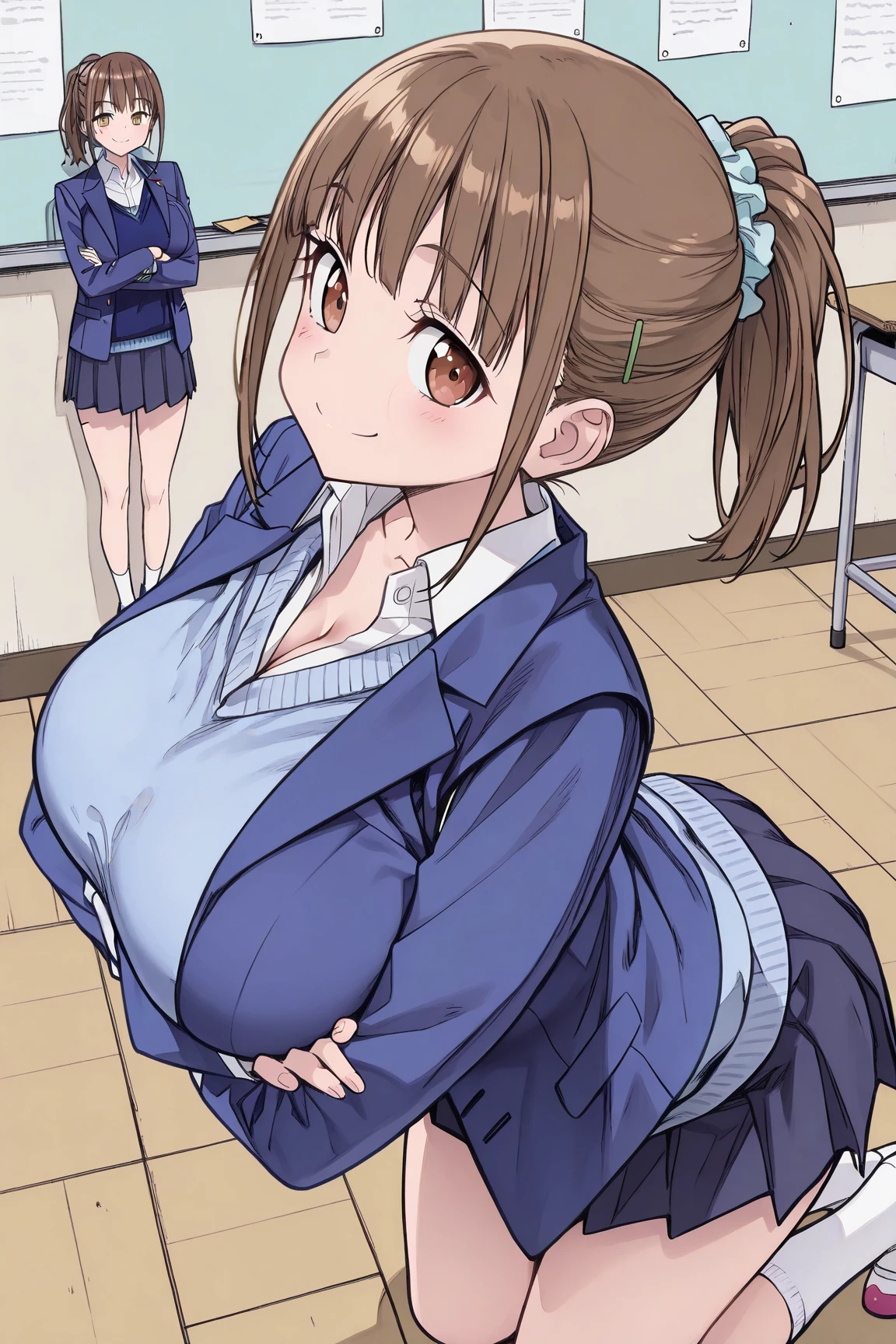 (perfect anatomy, anatomically correct, super detailed skin), 
1 woman, japanese, 22 years old, high school teacher, shiny skin, white skin, watching the view, front view, 
beautiful hair, beautiful face, beautiful detailed eyes, 
(short hair, straight hair, dark brown hair), hair between eyes, dark purple eyes, babyface, 
beautiful clavicle, beautiful body, beautiful breasts, beautiful thighs, beautiful legs, (middle breasts, seductive thighs, big ass), piercings, cameltoe, break, 
((navy jacket, close jacket, navy tight skirt, white collared shirt), black pantyhose), purple neck ribbon, high heels, ((slave collar)), break, 
(((((brown rope)), shibari:1.5, (shibari over clothes)))), ((arms behind back:1.5), breasts bondage, arms bondage legs bondage), (((toys in panties))), 
((ashamed, open mouth)), (standing),  
(beautiful scenery), evening, (school classroom, blackboard), 
(8k, top-quality, masterpiece​:1.2, extremely detailed), (photorealistic:1.2), beautiful illustration, cinematic lighting,