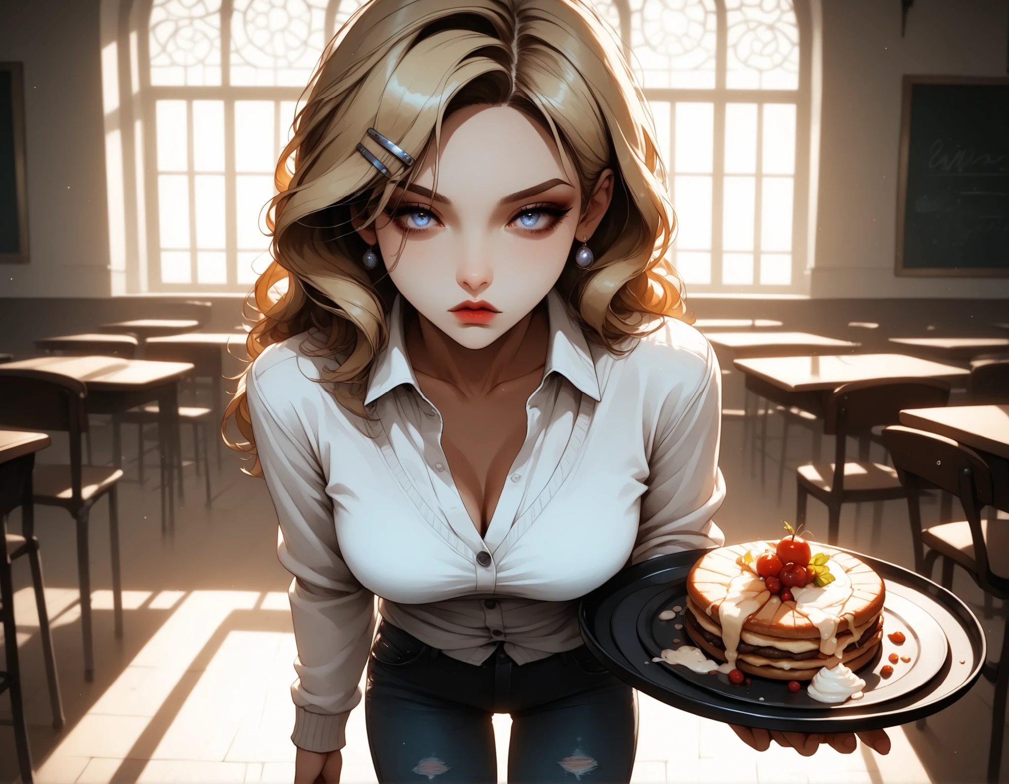 (masterpiece:1.2), (best quality:1.2), ultra detailed, 8k, watercolor, cinematic lighting, volumetric_lighting, rim light, soft shadows, ((forced_perspective)), (Diminishing scale perspective:1.3) BREAK (1girl, pale_skin, ash_blonde_hair, straight_hair, parted_hair, hairclip, pale_gray_eyes, colorless_lashes, expressionless, no_makeup, waxy_complexion) BREAK (standing, holding_tray, arms_slightly_bent, still_pose, slight_hunch) BREAK (gray_cardigan, black_jeans, button_down_shirt, layered_clothing, dull_colors, soft_soled_shoes, no_jewelry) BREAK (school_cafeteria, students_in_motion_blur, fluorescent_lighting, institutional_background, tray_with_untouched_food, shadow_cast_on_floor, focus_on_isolation), (lora:Yandere Queen:0.85), (lora:Detail Tweaker XL:0.65), (lora:Fantasy Western Anime:0.45), (lora:Dark Realism (Anime):1.0), (lora:Dramatic Chiaroscuro:1.0), (lora:Vampire Hunter D Bloodlust Style [Pony XL]:0.3), (lora: lora:Degen_SG_pdxl_v2:1)
