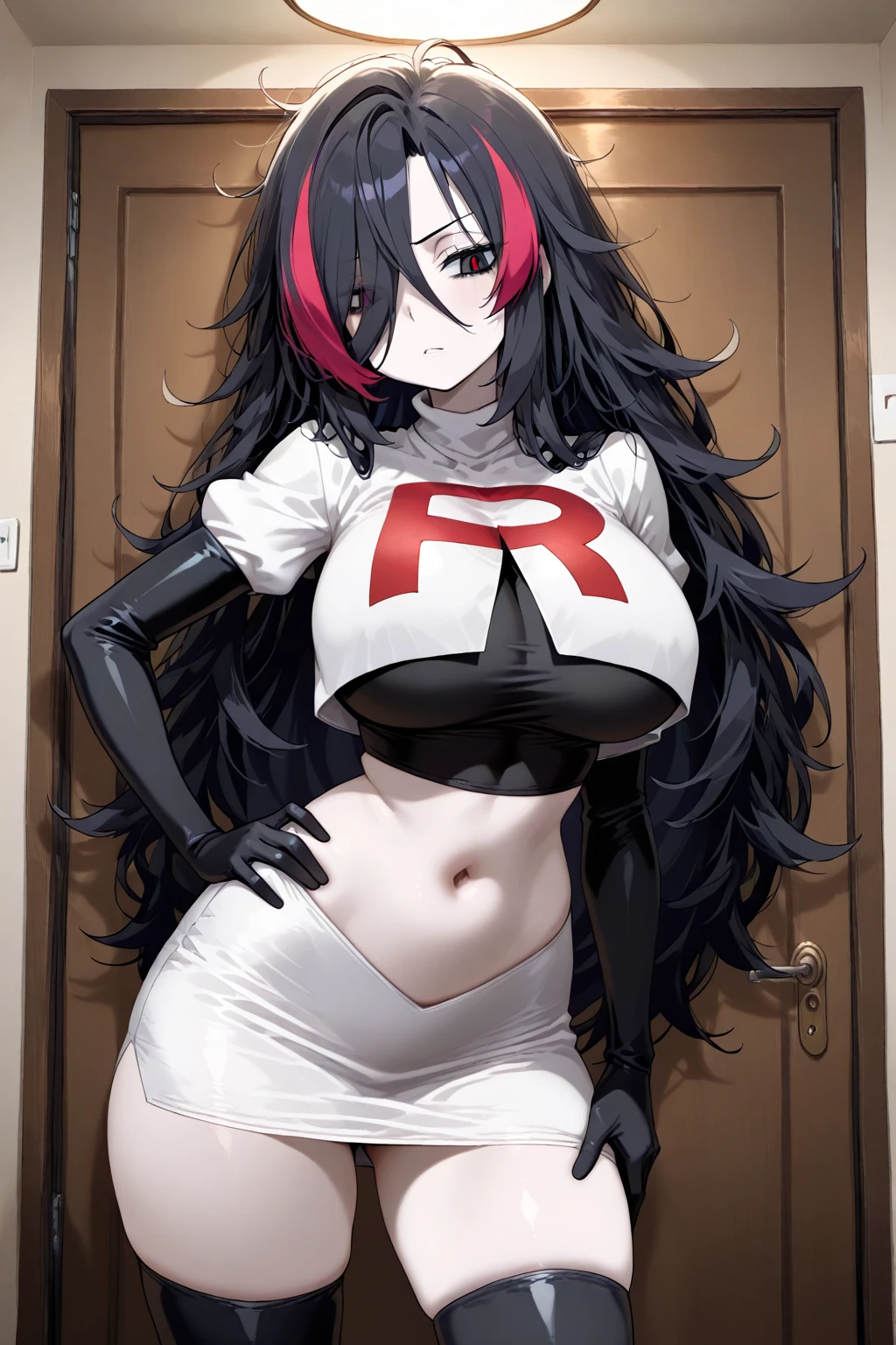 masterpiece, detailed, high quality, absurdres, sadako, (hair over eyes), pale skin, blush, large breasts, curvy, navel, stomach, groin, team rocket,team rocket uniform,white skirt,red letter R,crop top,black thigh-highs,black elbow gloves, cowboy shot,