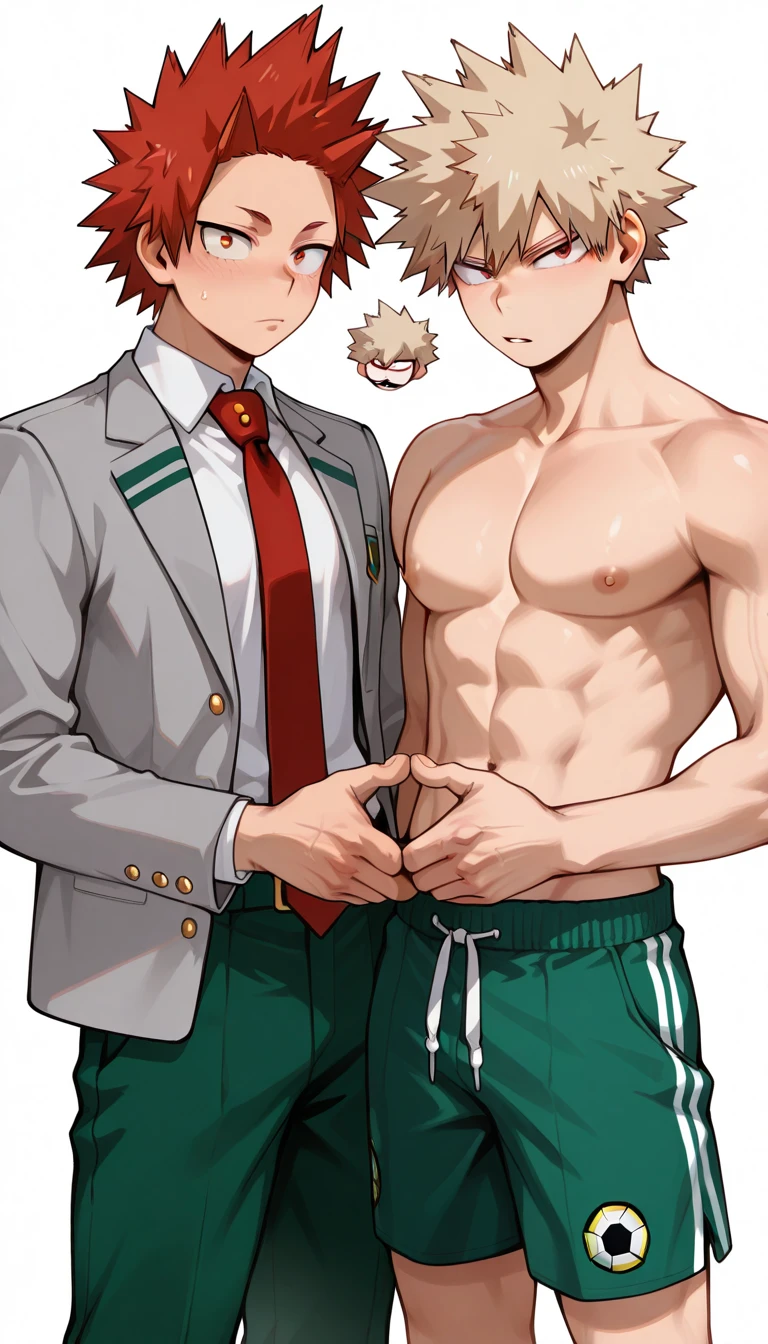 2boys,((1boy, green eyes, bright pupils, white pupils, brown hair, chubby)),((1boy, red eyes, bright pupils, white pupils, red hair,freckles, muscular)) , nude, cowboy shot, (classroom:1.2), smile, open mouth, (fang:1.2),((shota)), score_9, score_8_up, score_7_up, BREAK source_anime, best quality, masterpiece, uncensored, detailed penis