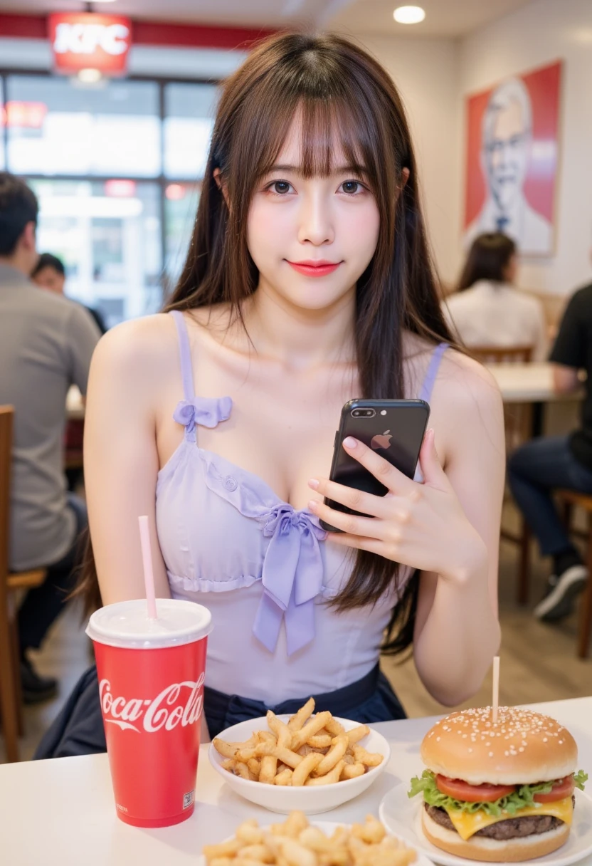 Hay una mujer sosteniendo un hamburguesa en un restaurante., chica anime en la vida real, Young cute pale asian face, her face looks like an orchid, chica linda-cara-fina, loona chuu, ulzzang, 19 year old girl, xisionwu, yanjun chengt, anime chica tailandesa, chen xintong