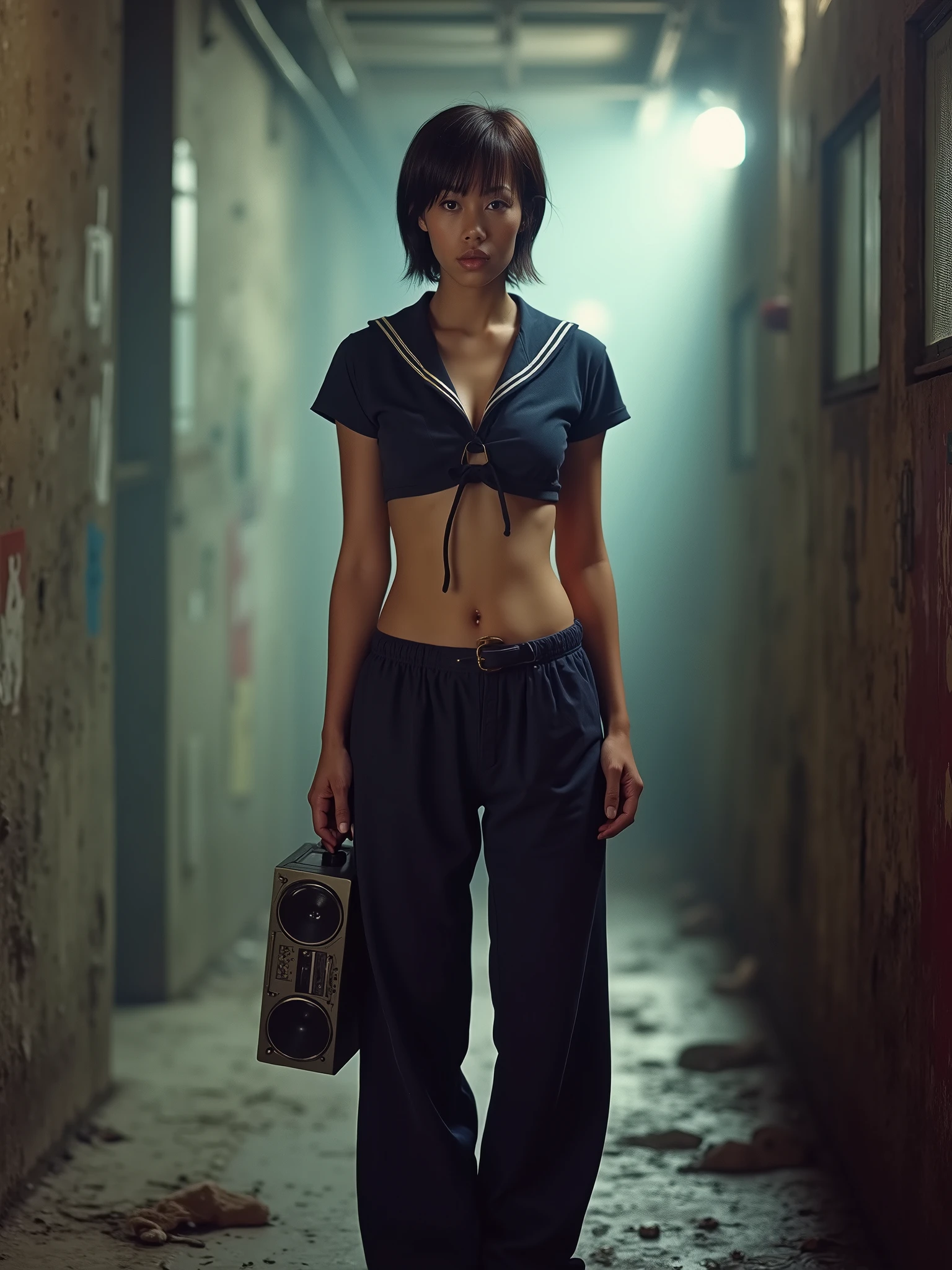 prompt
(Ultra short hair),1 woman,front view,((full body shot)),standing,staring at the camera,(best quality),masterpiece,(high res),8k,RAW,(ultra realistic),professional lighting, pan focus,(deep depth of field),insanely detailed,(golden ratio),perfect anatomy,(narrow waist),(tiny breasts),(wearing cropped navy sailor shirt),((thick baggy pants)),(high heels),(boombox1.3),((have a boombox in her hand)),(dynamic pose:1.3),(((Standing 1.4))),((have a boombox in her hand)),(dynamic pose:1.3),(industrial zone district),((petrochemical plant:1.5)),Industrial Area,cyberpunk,