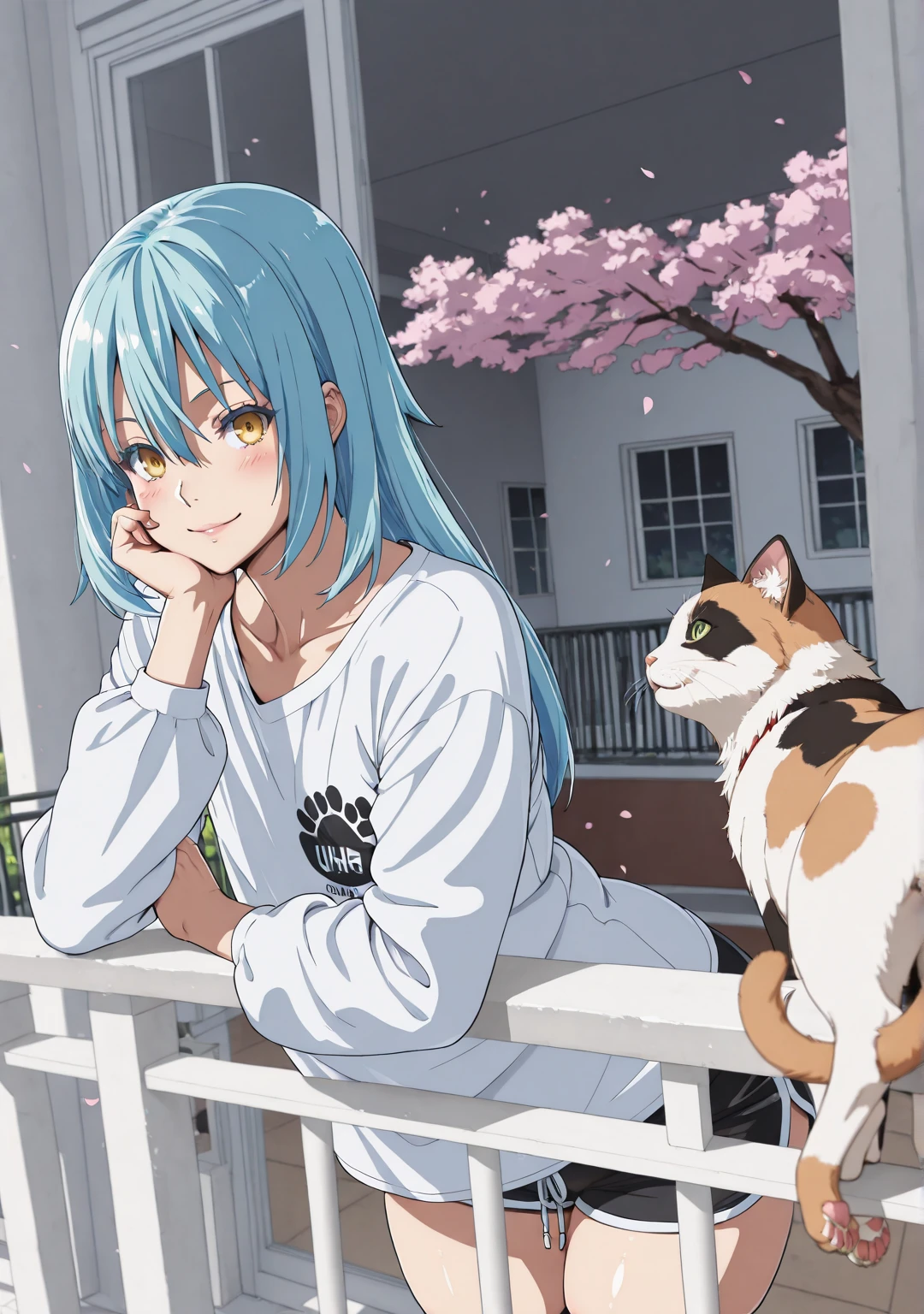 ggstduel, (Takeda hiromitsu-style:1.2), (shiroshisu-style), ((anatomical correct)), ((Cinematic, unreal engine, eye-catching, ambient occlusion, UHD, masterpiece)), ((perfect lighting)), perfect body, perfect eyes, perfect fingers, gasping, heavy breathing, gasping profusely, ((skindentation)), ((curvy)), rimuru_tempest, ((blue hair)), yellow eyes, long hair, bangs, hair between eyes, androgynous, ((flat chest)), plump, 1girl, cat, shorts, cherry_blossoms, smile, solo, blush, shirt, long_sleeves, balcony, black_shorts, looking_at_viewer, petals, white_shirt, outdoors, railing, short_shorts, building, head rest, dolphin_shorts, tree, window