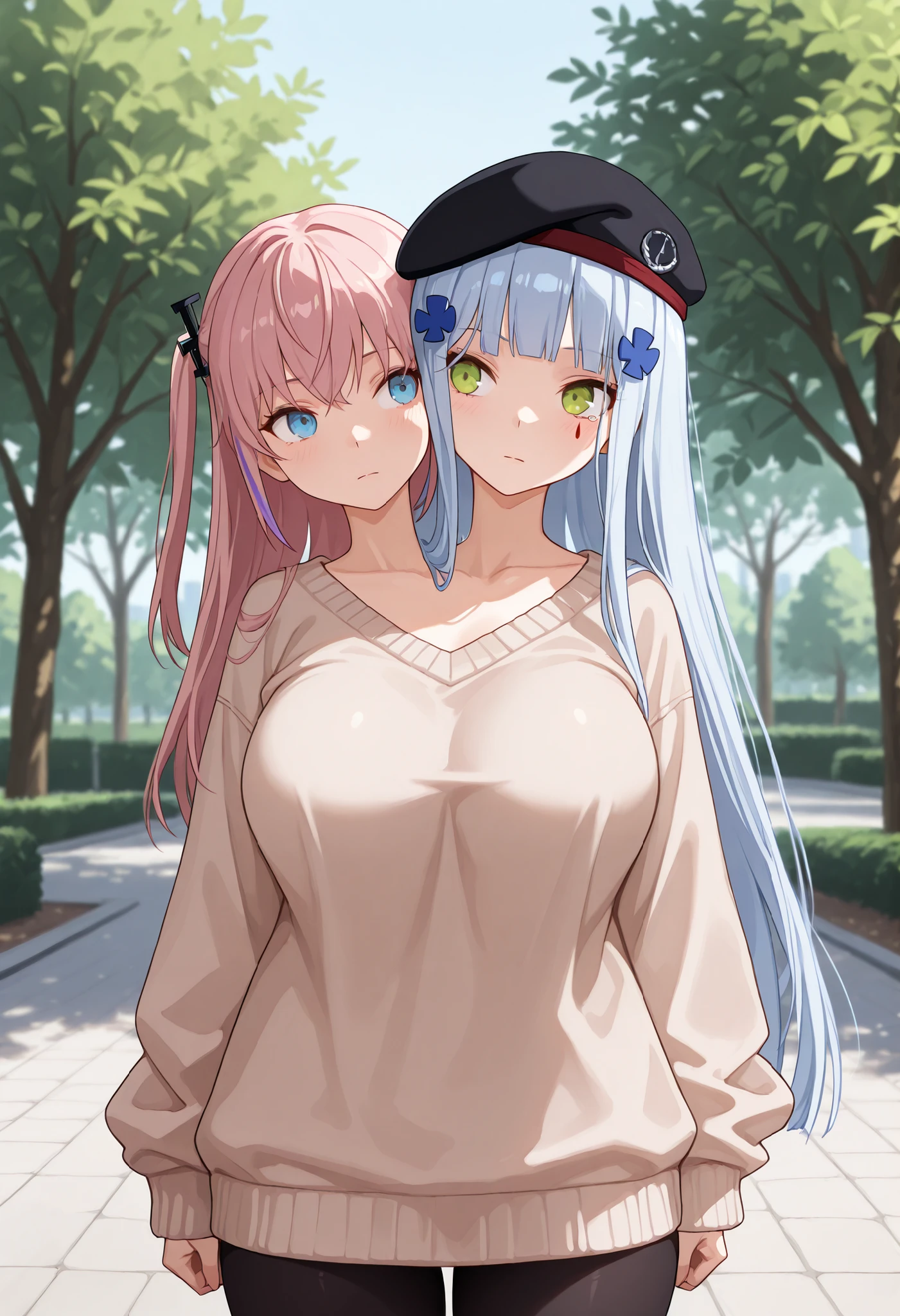 conjoined, 2girls, 2heads, two heads, a tall thin girl with 2 heads, HK416 ,black headwear,very long hair,white hair,x hair ornament,sidelocks,blunt bangs,green eyes,facial mark,teardrop, st ar-15, blue eyes, hair ornament, long hair, multicolored hair, one side up, streaked hair, pink hair, purple hair, Beige sweater, black pantyhose, large breasts, front shots, park, upper body