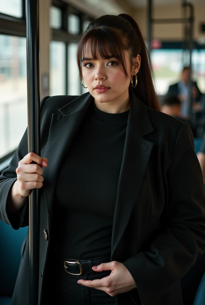 girl wearing winter dress, BREAK, 1girl, winter dress, very short sleeves, turtleneck, see-through leggings, detailed face, looking at viewer, very long hair, very straight hair, fluffy bangs, big ribbon on her hair, stylish delicate belt, glittering crystal buckle, (huge breasts:1.2), cross arms, confidence posture, masterpiece, best quality, realistic, detailed texture, green color, on the balcony, depth of field, cinematic lighting, light reflection,