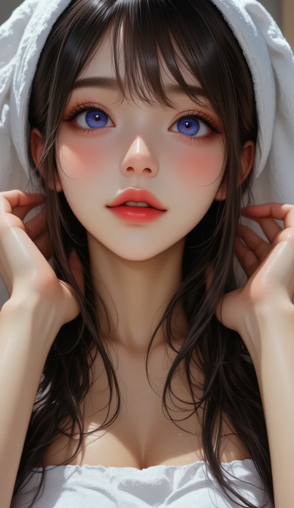 (masterpiece, best quality), 1girl, beautiful face, looking at viewer, standing, from above, (1girl:1.3), (photorealistic:1.4), (masterpiece, top quality, best quality, official art), extreme detailed, highest detailed, (ultra-detailed), ((an extremely delicate and beautiful)), cinematic light, (ultimate cute face), (cleavage), (sexy look), (((topless))), (shy), (embarassed look), (blush)