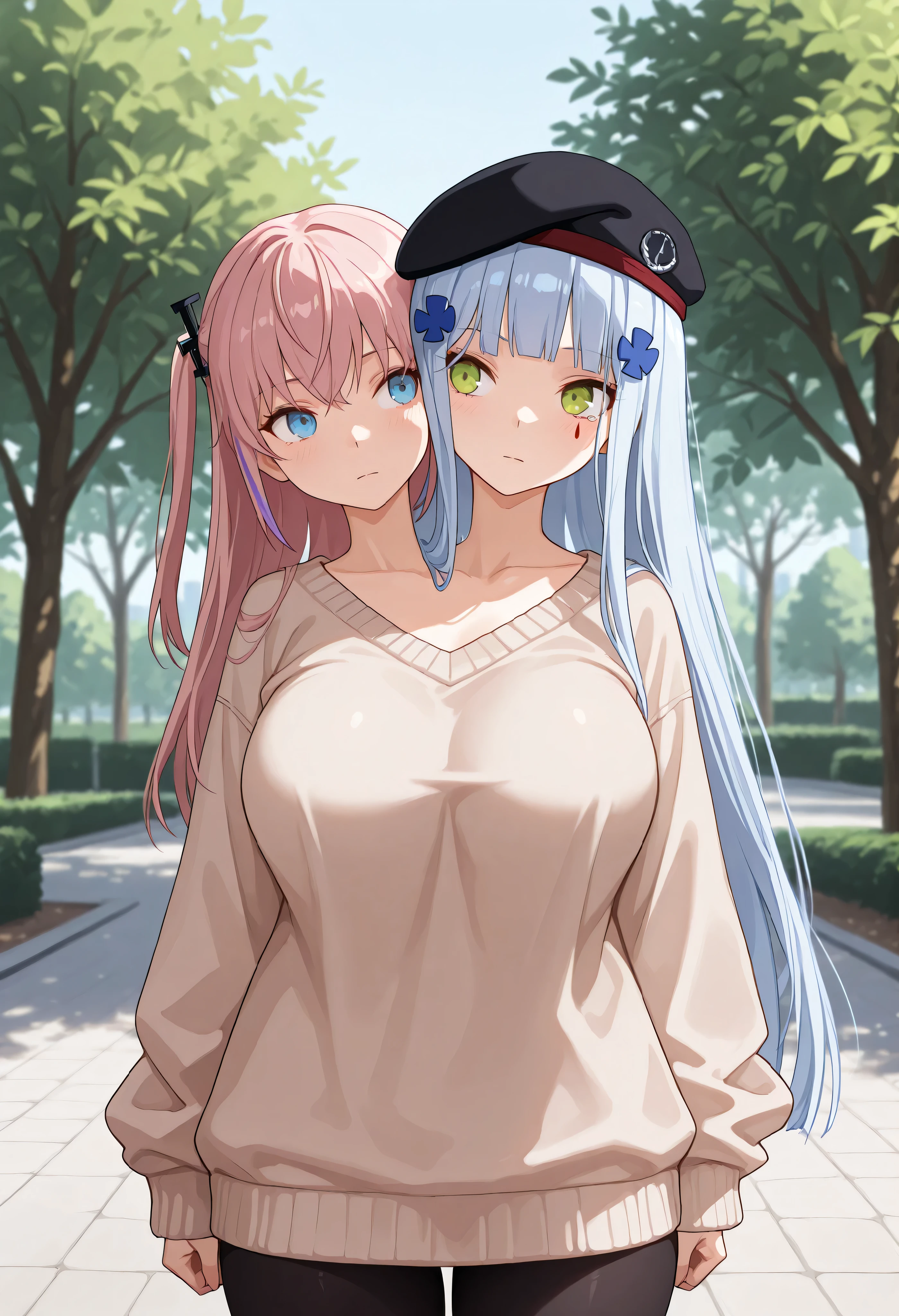 conjoined, 2girls, 2heads, two heads, a tall thin girl with 2 heads, HK416 ,black headwear,very long hair,white hair,x hair ornament,sidelocks,blunt bangs,green eyes,facial mark,teardrop, st ar-15, blue eyes, hair ornament, long hair, multicolored hair, one side up, streaked hair, pink hair, purple hair, Beige sweater, black pantyhose, large breasts, front shots, park, upper body