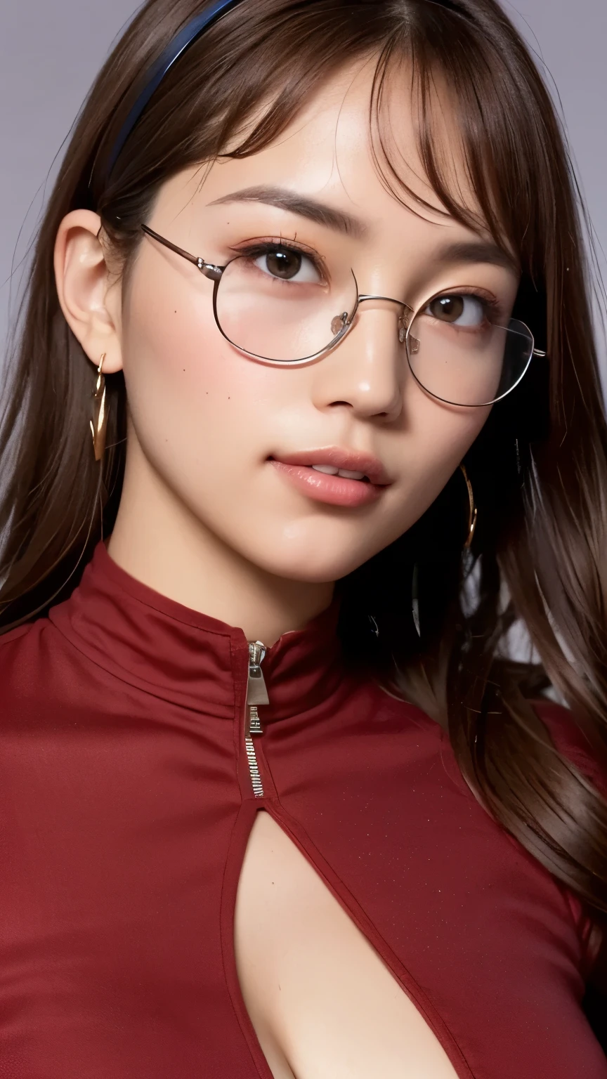 (masterpiece:1.2), (In 8K、Ultra High Definition、ultra high definition、Ultra HD、超realisticな、best quality), (realistic - photo ), high definition RAW color photo, professional photography, Natural sunlight, Soft Shadows, (realistic:1.3), A 30-year-old woman、1 person, perfect anatomy, poster quality, (high definition face and skin texture, shiny skin, oily skin, Strong gloss), (big eyes:1.2), (face close-up:1.1), male wolf, (No makeup:1.2), smile, She、is smiling, watch viewers play with animals, (glares at viewers), detailed eyes, dark eyes, ( shining eyes), long、Eyelashes, hot button, red hair, long hair, (とてもlong髪), (hair ornament on head), Hair Accessory, Silver Glasses, anatomically accurate neck, natural short neck, Natural neck, (Her big bust、droopy:1.2), anatomically accurate breasts, huge breasts, saggy breasts in the cleavage, Deep-Chest Valley, anatomically accurate hands, Crossing Hands, flannel clothes, red tunic, long sleeve blouson, Black Coat, Red Shirt