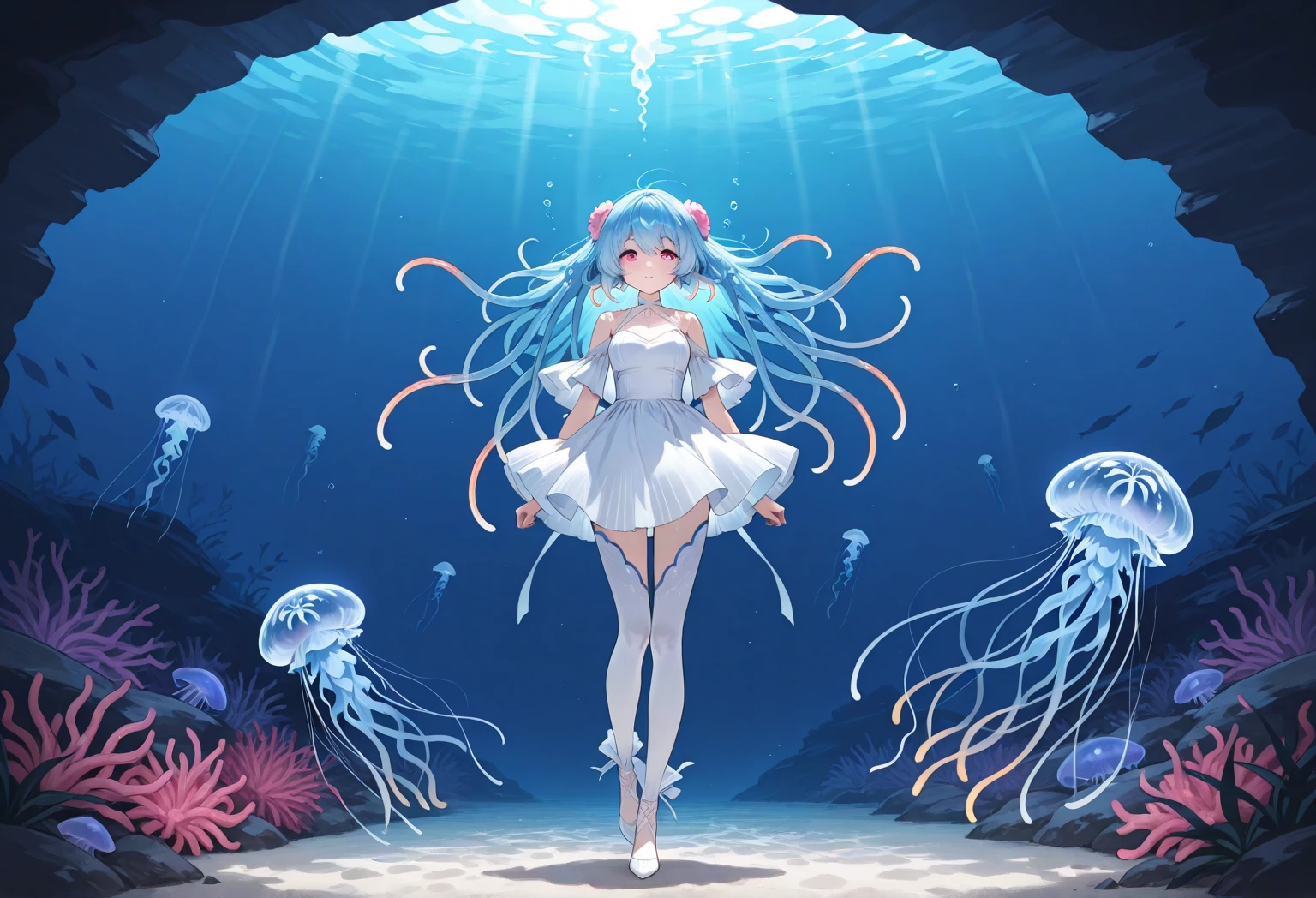 {{{{amazing quality, great quality, high quality, very aesthetic, aesthetic, best quality}}}}, 
realistic, photo, shadow, Three-dimensional, absurdres, Digital art, 
{{{{Magical girl}}}}, beautiful girl, one girl, 
light blue hair, long straight hair, hair, trimmed hair, shiny hair, blunt bangs, short sideburns, 
blue eyes, tareme, 
{{flat chest}}, {{small breasts}}, {{detailed body}}, slim thighs, thin thighs, 
white mini kimono, yellow kimono obi, skull-shaped hair ornament, barefoot, Geta for women, No panties, no bra, torn clothes, wet clothes, melted clothes, damaged clothes, take off one's clothes, transparent clothes, half-naked, cloudy liquid, Immerse yourself in the cloudy liquid up to your waist, tentacle bath, Attacked by white super huge squid monster tentacles, bound by transparent white super huge squid monster tentacles, caught by transparent white super huge squid monster tentacles, Caught in transparent white super huge squid monster tentacles, Transparent white super huge squid monster caress my nipples, Transparent white super huge squid monster tentacles caress my crotch, defeat, inferiority, sexual pleasure, troubled face, shy, orgasm, trembling, disheveled hair, groin, groin, Peeing, 