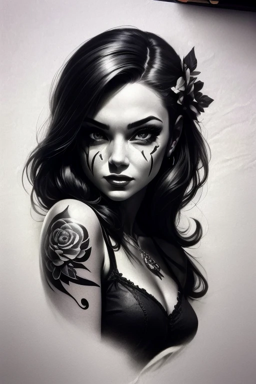 a drawing of a woman with a rose in her hair, gypsy, realism tattoo drawing, neotraditional tattoos, detailed woman, traditional ink!, extremely detailed woman, arte lowbrow style, realism tattoo sketch, detailed feminine face, sketch art, a stunning portrait of a goddess, traditional tattoo, lobotomy of a beautiful woman, tattoo sketch, great detailed face