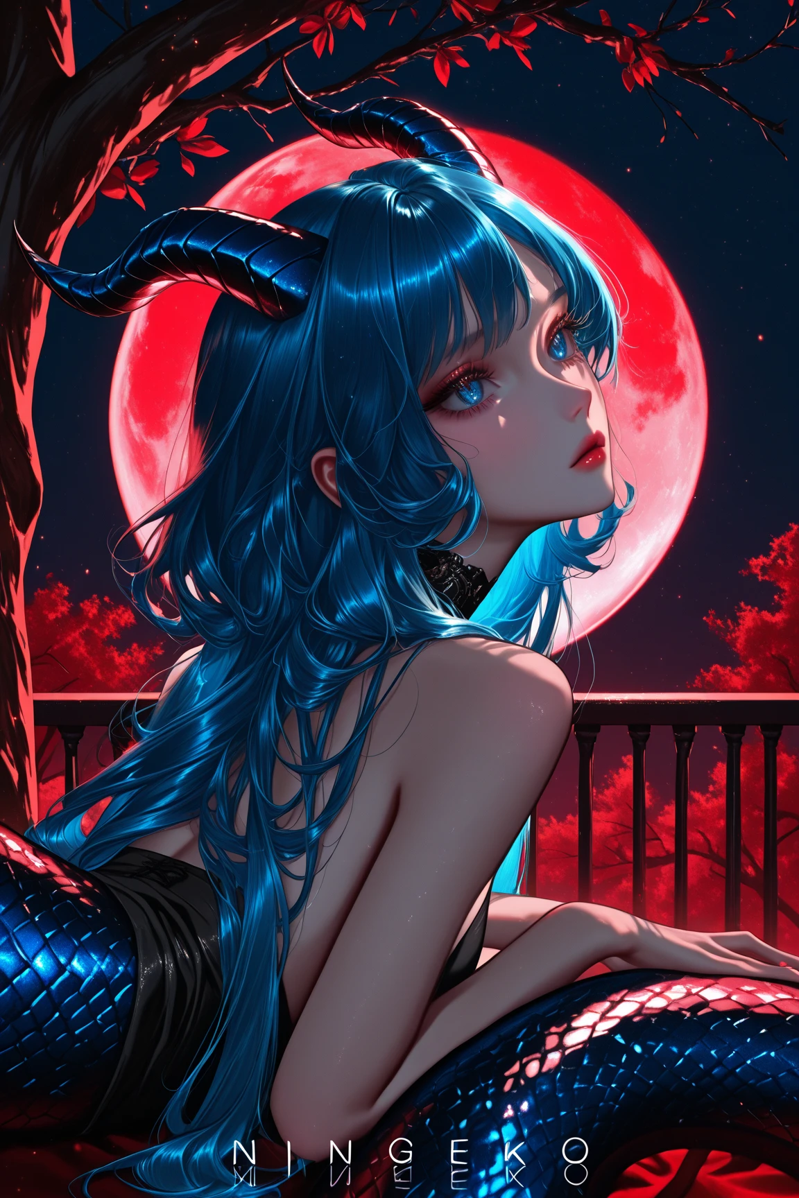 Naked perfect beauty in cave, blue hair, red ornament on hair, pink pussy, perfect large tits, perfect small pink nipples, perfect face, reality, ultra realestic, best quality , ultra white skin, perfect ???????, American , red eyes, blue moon background , laying on ground in seductive manner
