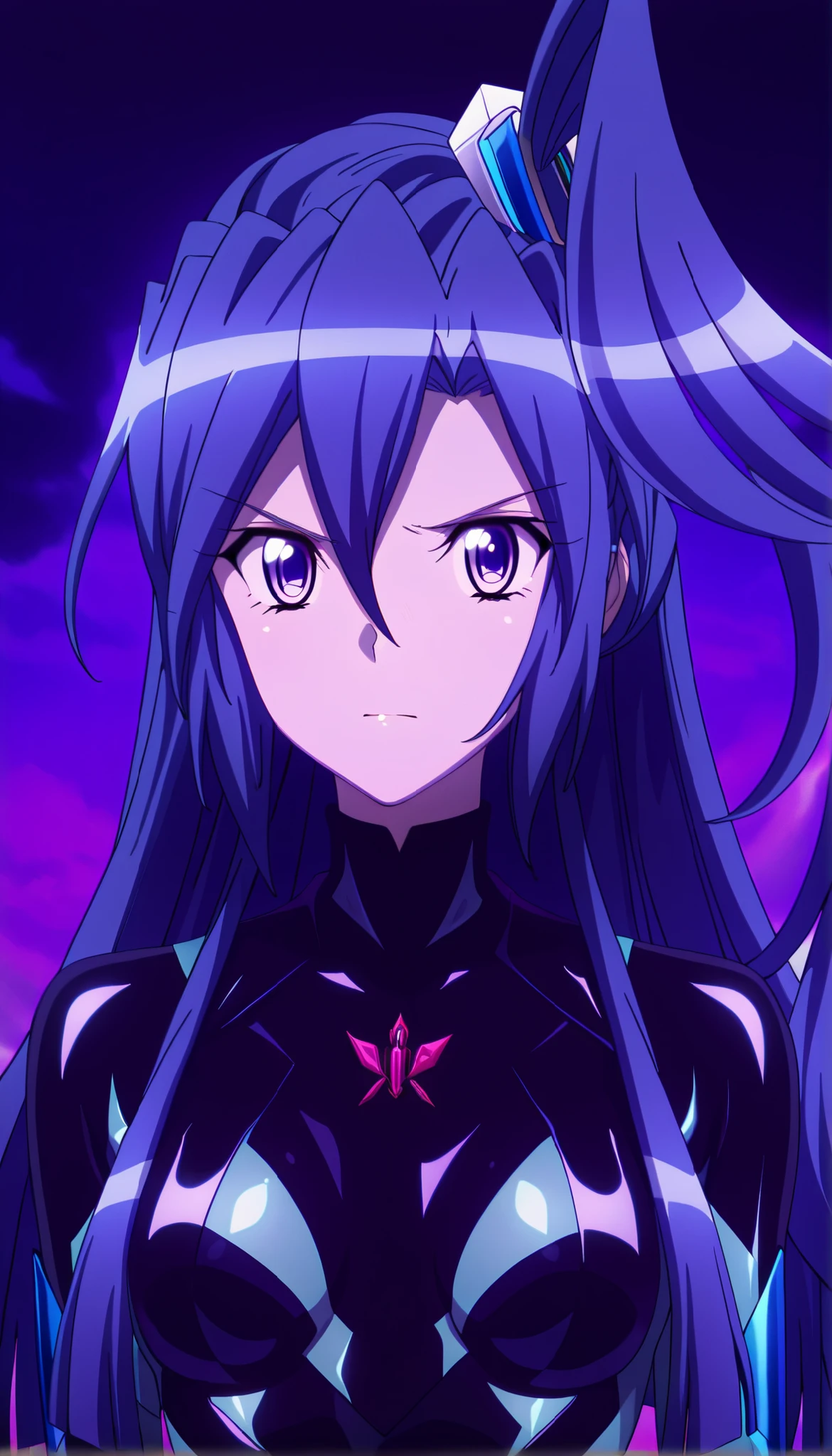 masterpiece, best quality, amazing quality, very aesthetic, absurdres, newest,shiny skin, anime screenshot, anime coloring senki zesshou symphogear, Kazanari Tsubasa, blue_hair, purple eyes, one side up, (Black latex rubber suit with turtleneck on a purple evil background), looking at viewer、upper Body、