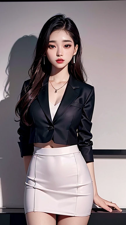 Best quality, Masterpiece, 1 girl, Beautiful face, (Photorealistic picture:1.3), Rim lighting, (High detail skin:1.2), 8K UHD, DSLR, High quality, High resolution, 4K, 8K, Bokeh, Absurdity, Best ratio four fingers and one thumb, (Real:1.3), Cute 1 girl, wearing black formal blazer, Middle breast, Short skirt,smile,Japan person,Natural eyes,Black eyes,Bite,Looking at camera,Sexy