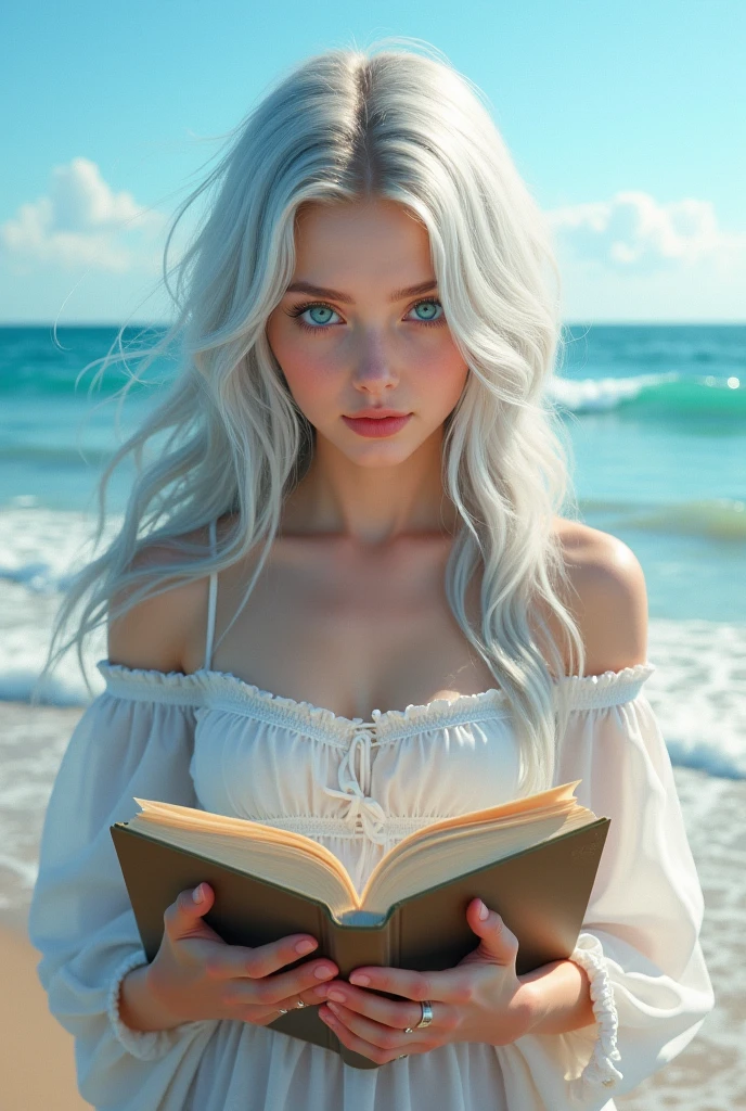 Beautiful girl with white hair lies on the grass. Her hair flutters in the wind in one hand she holds a magical grimoire, and in the second she squeezes women's white panties