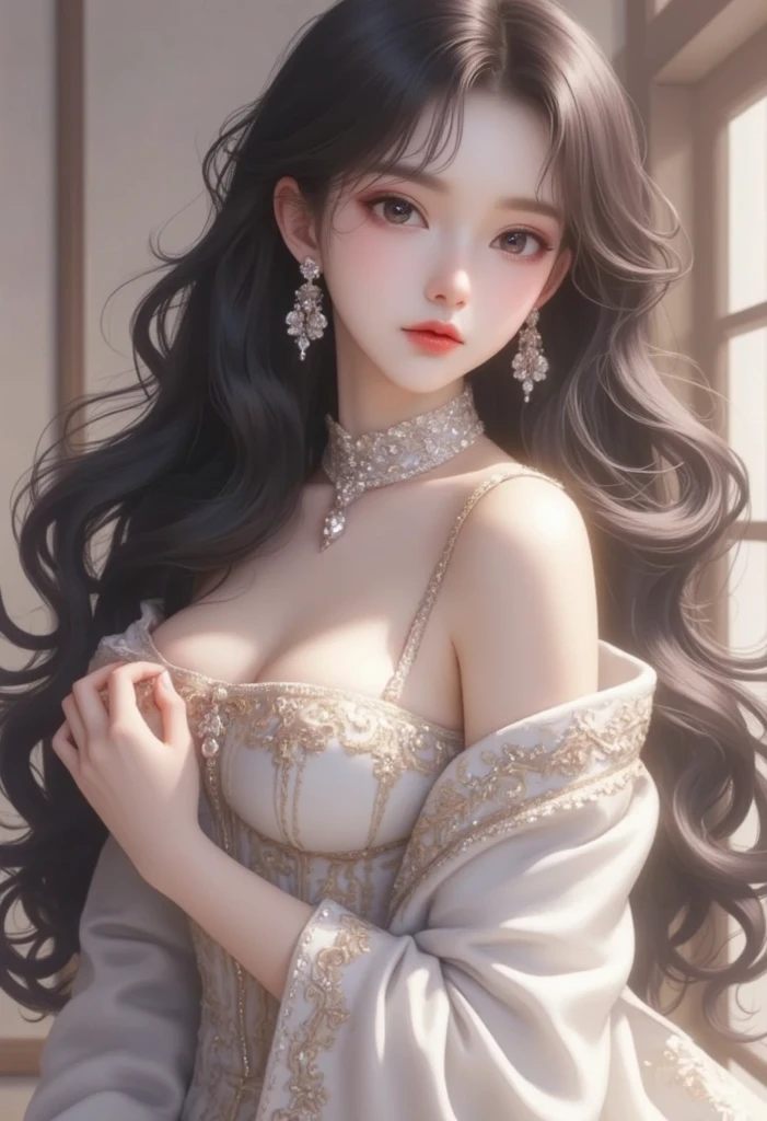 (Pure Color: 0.9), (Color: 1.1), (Masterpiece: 1,2), Best Quality, Masterpiece, High Resolution, Original, Highly Detailed Wallpaper, Beauty, Victorian, Dress, Melancholy, Big Breasts, Sepia Color, 30 years old