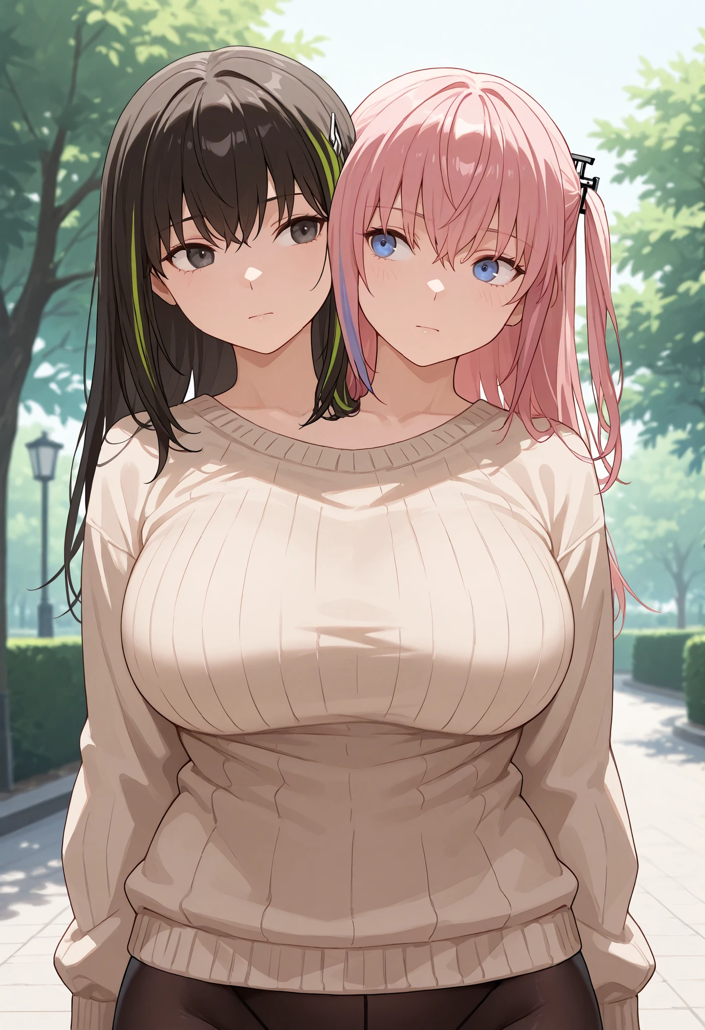 conjoined, 2girls, 2heads, two heads, a tall thin girl with 2 heads, m4a1, black hair, long hair, black eyes, streaked hair, yellow hair, bangs, st ar-15, blue eyes, hair ornament, long hair, multicolored hair, one side up, streaked hair, pink hair, purple hair, Beige sweater, black pantyhose, large breasts, front shots, park, upper body
