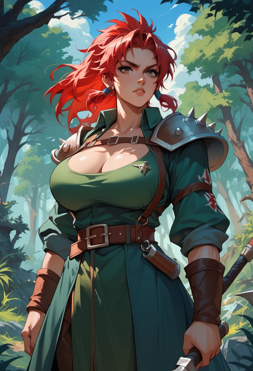 The Witcher, (shot from side:1.4), extremely detailed face, huge breasts, make-up, Triss merigold casting a fireball in a dynamic pose, illumination effect, covered , freckles, (master piece), extremely detailed, gloves