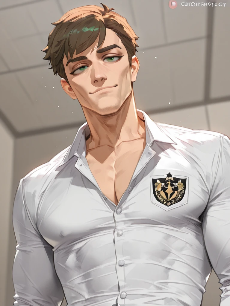 (ridiculous, high resolution, super detailed, realistic,), 1 male, soloist, adult, mature, tall muscular male, broad shoulders, handsome, extremely short hair, black hair, brown eyes, angular chin, thick neck, thick eyebrows, formal wear, tie, upper body