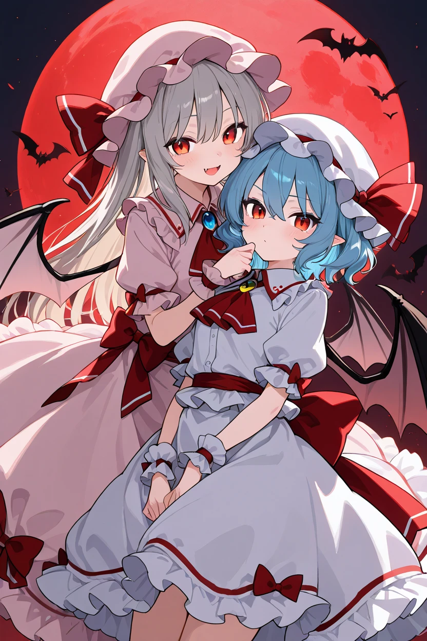 (((Remilia Scarlet))) (((Blue Hair Short Hair Red eyes Close-up))),((night full moon My own big wings)),(Purple light), A tense look Shining Background Shining Edge smile