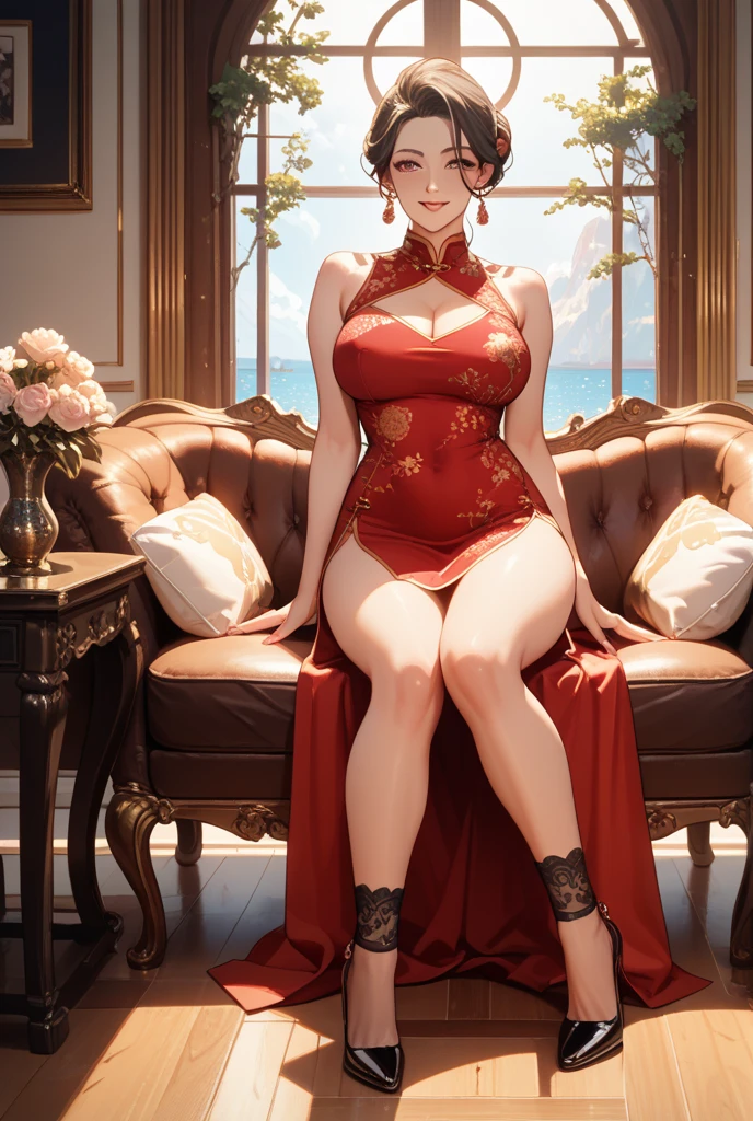 A sexy lady has big breasts her very long hair is shiny and her glossy lips are red she can capture everyone with her smile and her seductive body the shoot showing her full body