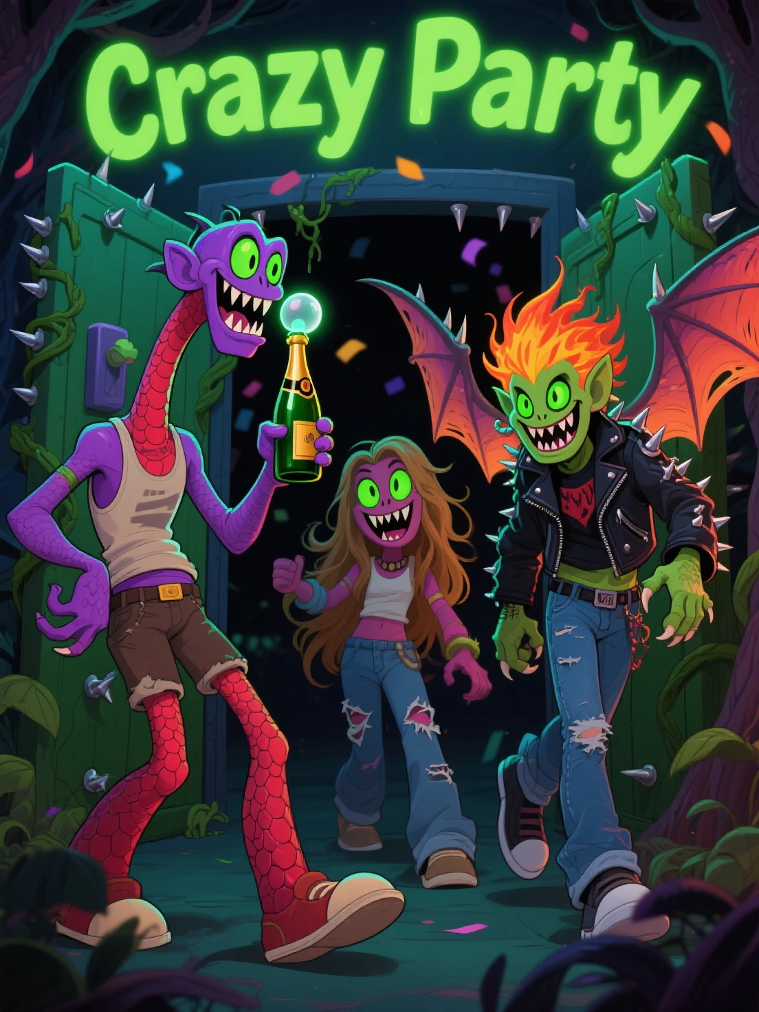 the club, male and female monsters have fun in the pub (art inspired in Skottie Young and Bill Sienkiewicz). oil painting)