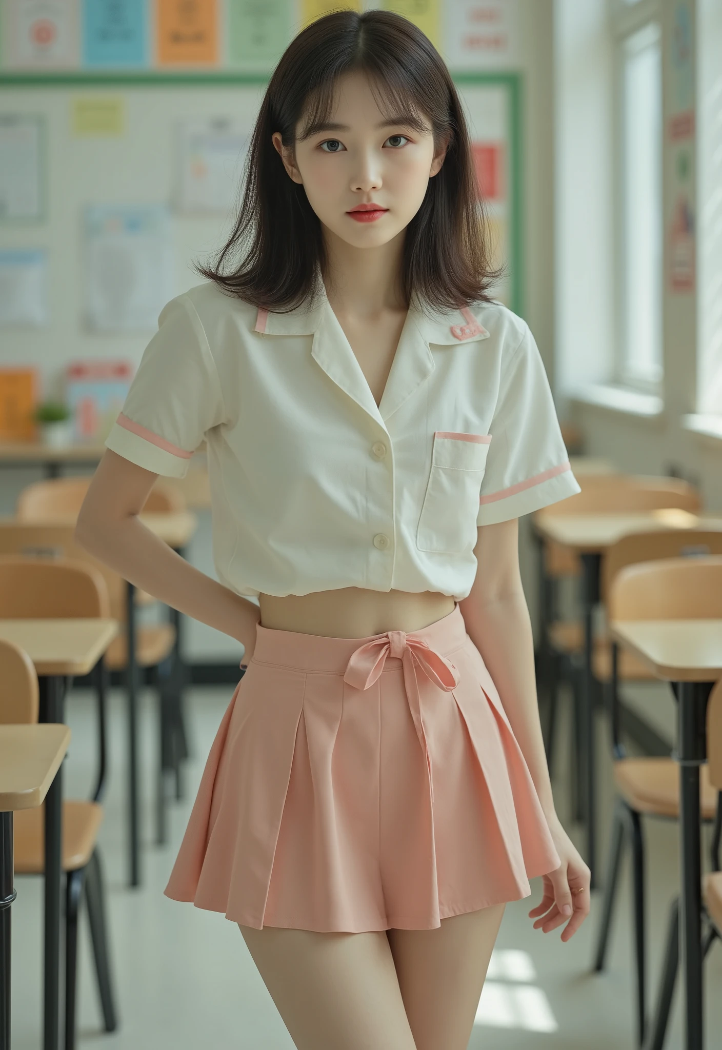 micro mini skirt, korean girl, school uniform, navel