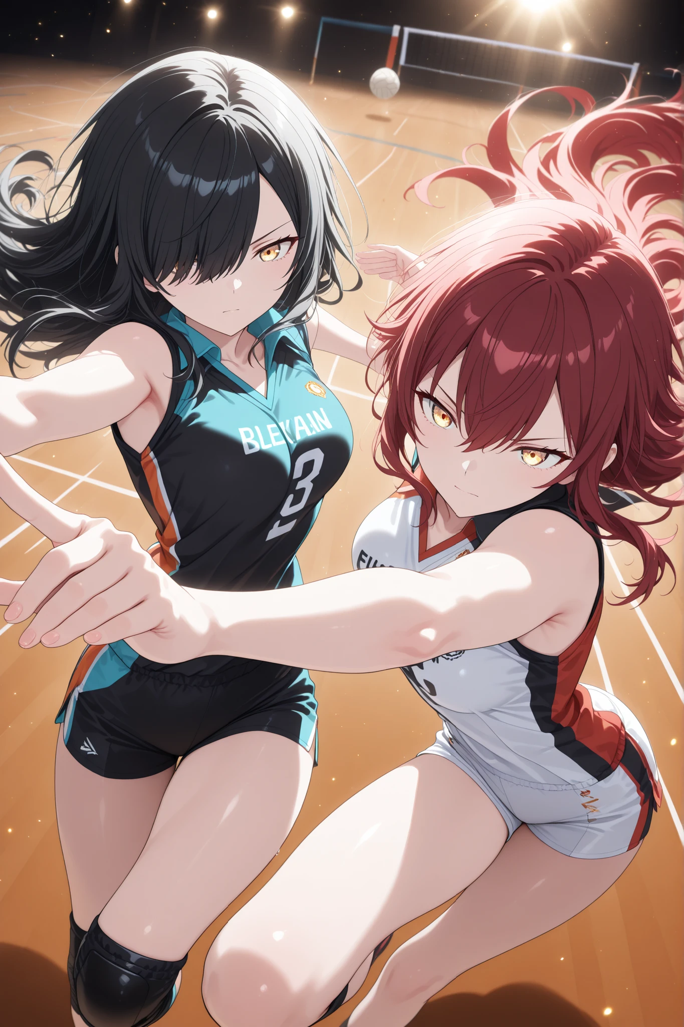 (masterpiece, best quality), amazing quality, very aesthetic, absurdres, highres, newest, HDR, 8K, anime style, chiaroscuro, extremely detailed face and eyes, cinematic, professional lighting, backlighting, dynamic angle, foreshortening, aegyo sal, duo focus, (2girls, multiple girls), BREAK playing volleyball against each other, in two different teams, facing each other at the volleyball net, starting to jump, volleyball jersey, short volleyball shorts, free pose, delicate skin texture, fair skin, delicate face, long eyelashes, pastels, bright tones, wind, light particles, light, bright tones, motion lines, extremely detailed, intricate, delicate details, movie lighting, very beautiful, absurd, dynamic graphics, dynamic angles, special movements, dynamic poses, action poses, dynamic movements, (Illustration: 1.2), (8K Wallpaper), (Beautiful, pretty eyes: 1.2), Delicate eyes, beautiful, soft colors., ,project sekai; soft; pastel; colorful; detailed; details; masterpiece; high quality; best quality; ultra details; amazing; stunning
BREAK 1girl, red eyes, hair over right eye, black hair, long hair, medium breasts, (petite but curvy), BREAK 1girl, red hair, long hair, hair between eyes, long sidelocks, (golden eyes), (medium breasts) BREAK dynamic pose, action pose