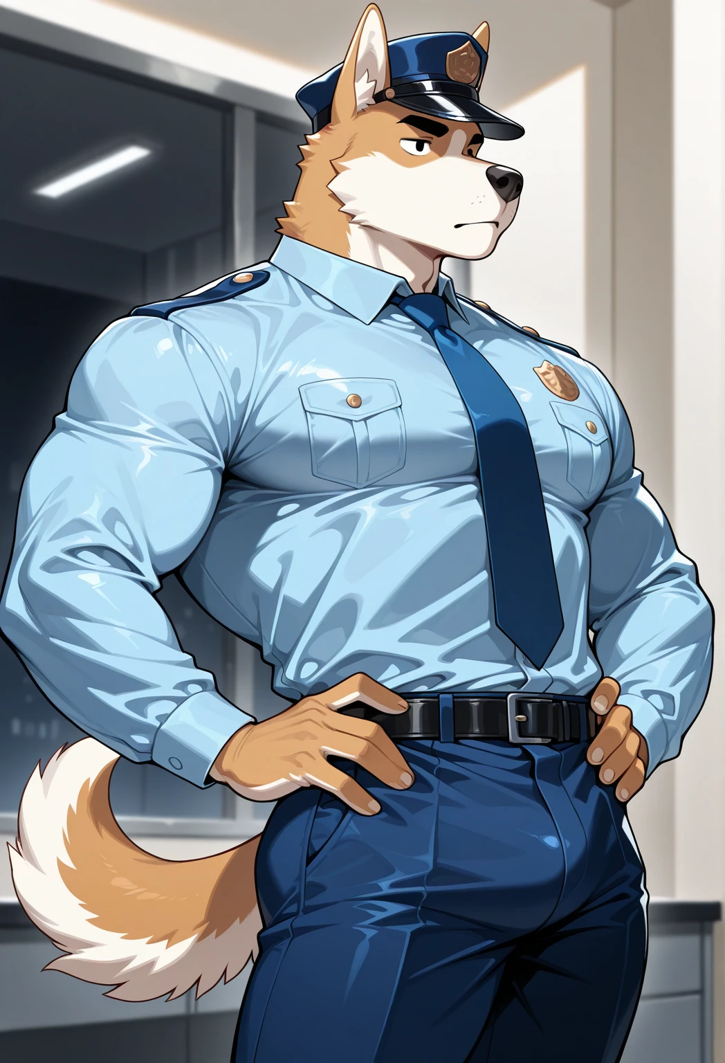 polar bone, police, muscular, blue eyes