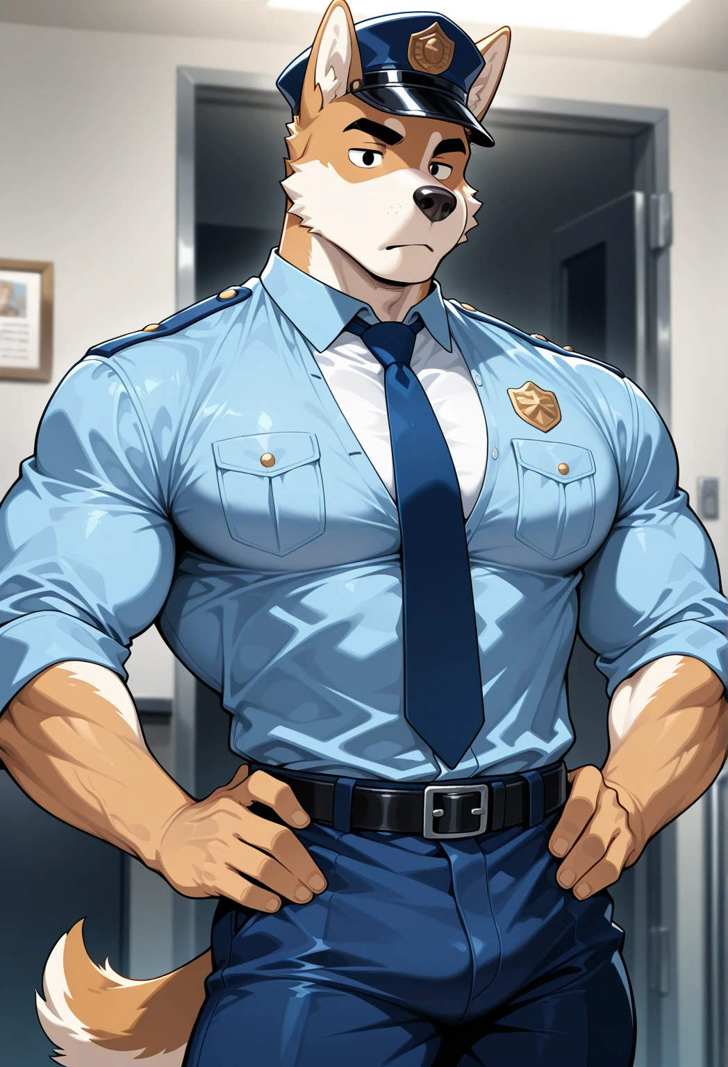 polar bone, police, muscular, blue eyes