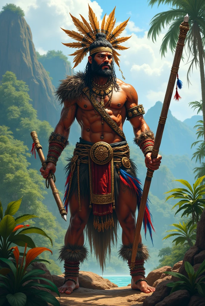 Alex Horley style art, full body, 1 indigenous Brazilian using psychic ability, concentrated cereno, fingers on temples, glowing eyes, transcendental psychedelic, Amazon rainforest scene, 4k image.