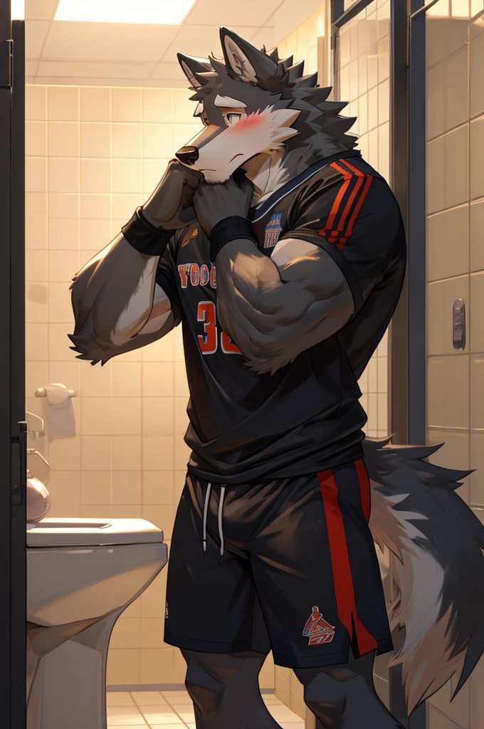 Short-nosed Gray Wolf,High School Students,good-looking,Strong,Regular height,Basketball clothes(Short black sleeves,Red shorts),Blushing cheeks,bathroom,The crotch is pronouncedly raised,Crotch bulge,Sexy,Wolf Tail,alone,Green,Close Range,Half face,shy.