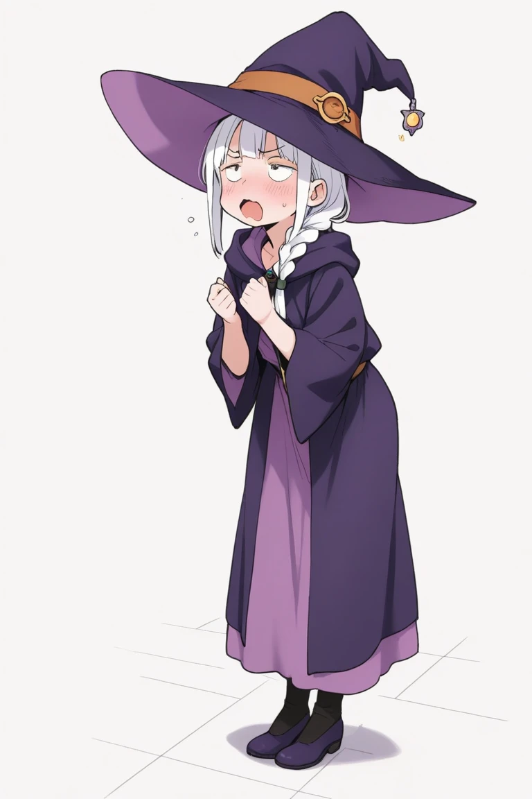 A 25 year old boy, a femboy, Long hair, green hair, Red eyes, eyes open in surprise, Skinny body, small cock, purple witch hat, a purple witch mini top with silver details, a long skirt stuck in a door, small cock relevada, long black tights, blushing, expression of great surprise, very blushing, screaming in shame, covering the crotch, covering his penis, in a small wooden cabin, at night, es at night brillante, que sea at night, fireflies, looking at the viewer