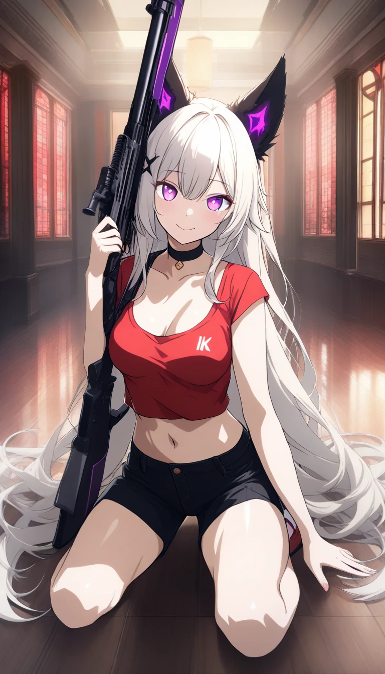 (Highest quality),(4K),Red and black kimono,Silver Hair,semi-long,Bun Hair,(Hold an assault rifle),Sit on an armchair,Crossing your legs,Off the shoulder,barefoot,Emerald green eyes,Chewing kissel,Bullish smile,Beautiful details