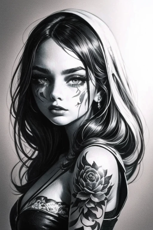 a drawing of a woman with a rose in her hair, gypsy, realism tattoo drawing, neotraditional tattoos, detailed woman, traditional ink!, extremely detailed woman, arte lowbrow style, realism tattoo sketch, detailed feminine face, sketch art, a stunning portrait of a goddess, traditional tattoo, lobotomy of a beautiful woman, tattoo sketch, great detailed face