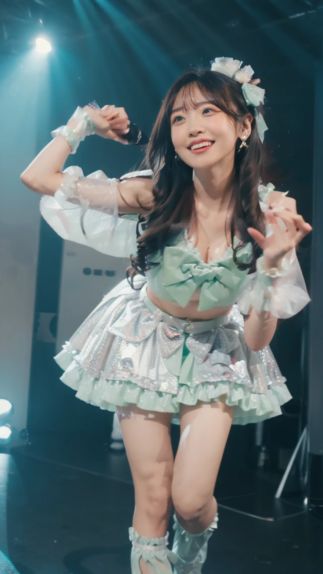 8k 壁纸, ultra - detailed, Beautiful and aesthetic, big breasts beautiful, tmasterpiece, Best quality at best, primitive，tmasterpiece，ultra fine photos，，best qualtiy，超高分辨率，Photoreality，full-body portraits，stunningly beautiful，，dynamicposes，delicated face，Vibrant eyes，（seen from the front）opulent，Highly detailed skin，Realistic details of skin，Visible Pore，tack sharp focus，volume fog，8K  UHD，digital SLR camera，high qulity，filmgrain，White skin of the，photo-realism，looking from above,The clothes are partially transparent，smallunderboob，Superskirt，Lori huge breasts cleavage，white stockings，short minidress，Superskirt，ssmile