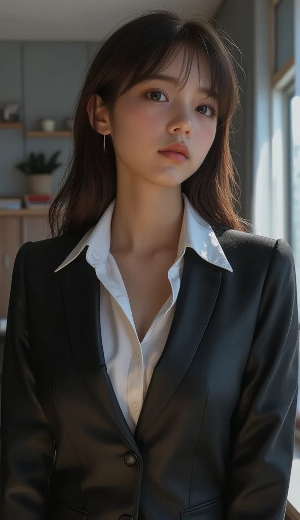 (best quality, master part, fullcolor, Dynamic angle, highest detailed) full body photo, glad, (Makima, chainsawman), handsome fashion photography (red long hair) Kizi (Stunning mature woman), ((Massive medium breasts)), High Dress Up Detailed Office Makima Suit, white shirt black tie(high resolution textures), in doggy pose, bokeh, (details Intricate, hyperdetailed:1.15), circunstanciado, sunlight passing through hair, office background, (offcial art, extremely detaild, highest detailed),