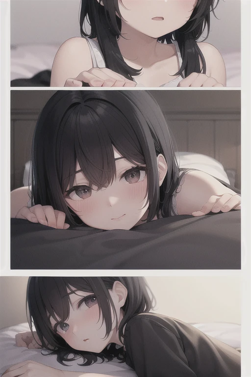 Highest quality, masterpiece, Ultra-high resolution, 8K,Show anime style , Soft Line Art, Digital Enhancement, shojo anime touch, shojo manga core, Flowing fabric, close, Soft Drawing, Ultra-Definition Digital Anime Art, Clear facial depiction, Super detailed girl cartoon character art, Ultra-detailed manga style, Highest qualityの色, 1People Women,(A woman with short brown hair), Wet Hair,Beautiful brown hair, Clear brown eyes, Slightly chubby,Small breasts,The butt is small,Teasing Smile,pajamas,((She is sleeping in bed with the covers on.)),I sleep in the same bed and watch her,Peaceful sleeping face,She wakes up,I call out good morning,((She lay there, her cheek on the pillow, turned her face towards me and smiled fondly.)),Little devil's smile,(Face close up)