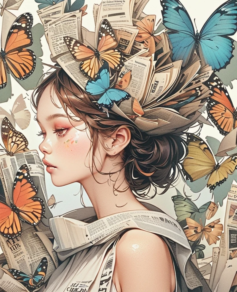 A girl with a side profile, alone, wearing a magazine cover dress, detailed facial features and long eyelashes, with a butterfly perched on her head, surrounded by an arrangement of cut-out newspaper clippings. The girl's face is photorealistic and detailed, with vivid colors and sharp focus. The overall image is a high-resolution masterpiece, suitable for a magazine cover. The art style is a mix of photography and concept art. The color tone is vibrant and eye-catching. The lighting is studio-style, with soft and gentle illumination. The prompt also includes the text and barcode typically seen on magazine covers.