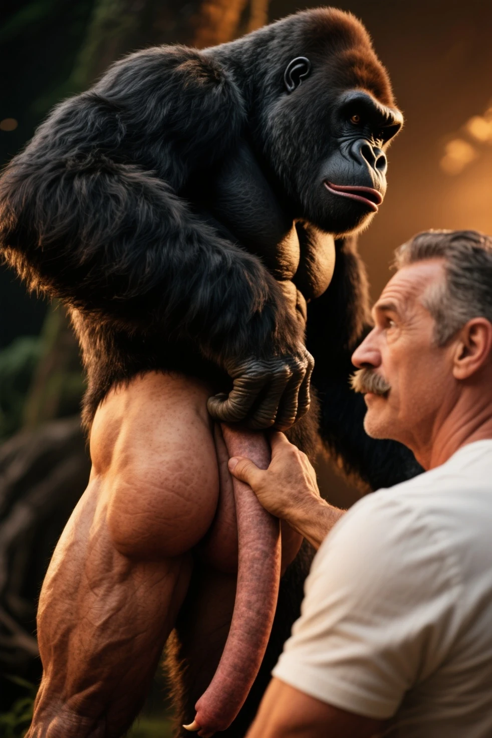 photorealistic, woman in intimate embrace with male gorilla(Brianna:0.6), cowgirl position sex, viewed from behind, big ass, pussy focus, wet pussy, cum in pussy, excessive cum, detailed pussy, highly detailed, masterpiece, hyper realistic, 8k, HDR, studio lighting, extreme detail, glossy skin, expressive eyes, muscular gorilla, huge penis, detailed penis, throbbing penis, orgasm, sensual and erotic, cinematic, dramatic lighting, chiaroscuro, warm color palette