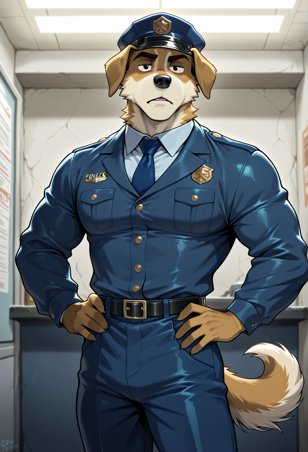 polar bone, police, muscular, blue eyes