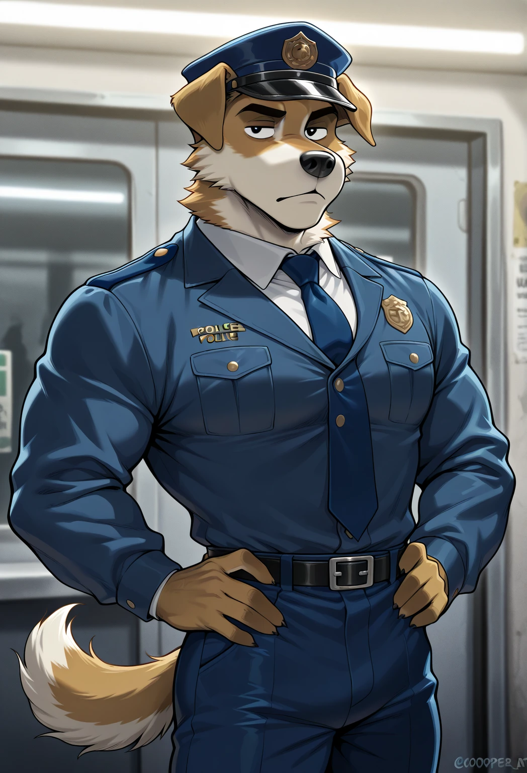 polar bone, police, muscular, blue eyes