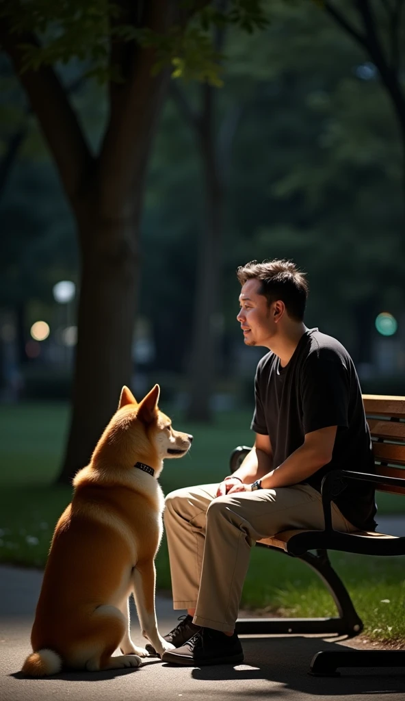 RAW photo, absurdres, high quality, photorealistic, portrait of a  european man, beard, detailed_skin, sweater, pants, sitting, holding a shiba inu, outdoors, park, bench, sunlight, 8k uhd, dslr, film grain, detailed, sharp focus,