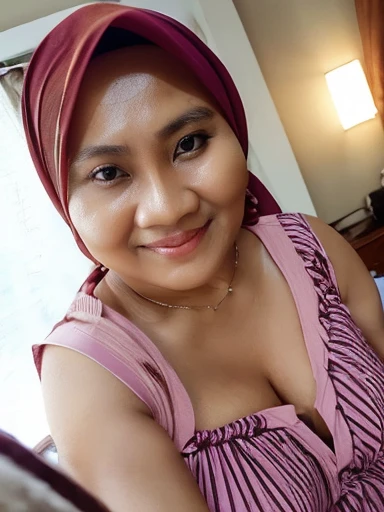 Romantic. a young indonesian woman, smile. wearing blue tanktop. chubby. (lying on a pile of pillow). beautiful. beside her there is a young indonesian man. (romantic hug)
