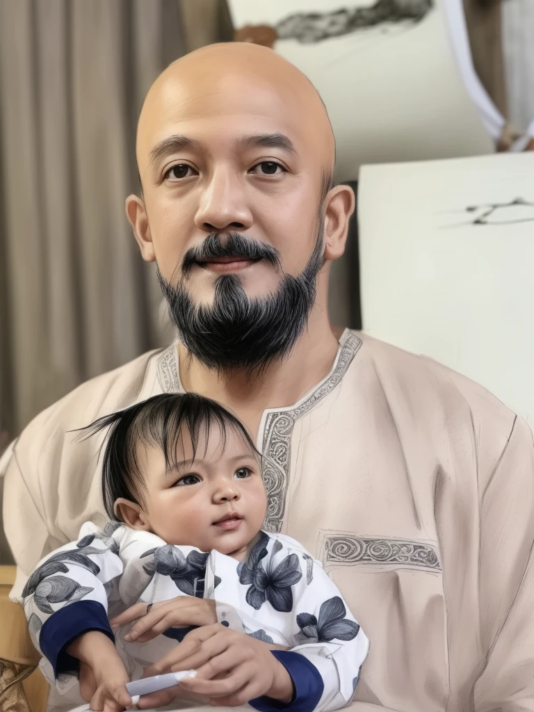 there is a man holding a baby in his lap, caring fatherly wide forehead, ruan jia and brom, bowater charlie and brom gerald, with a kid, selfie photo, very very low quality picture, taken with sony alpha 9, john jude palencar, taken with the best dlsr camera, daddy, potrait, foto